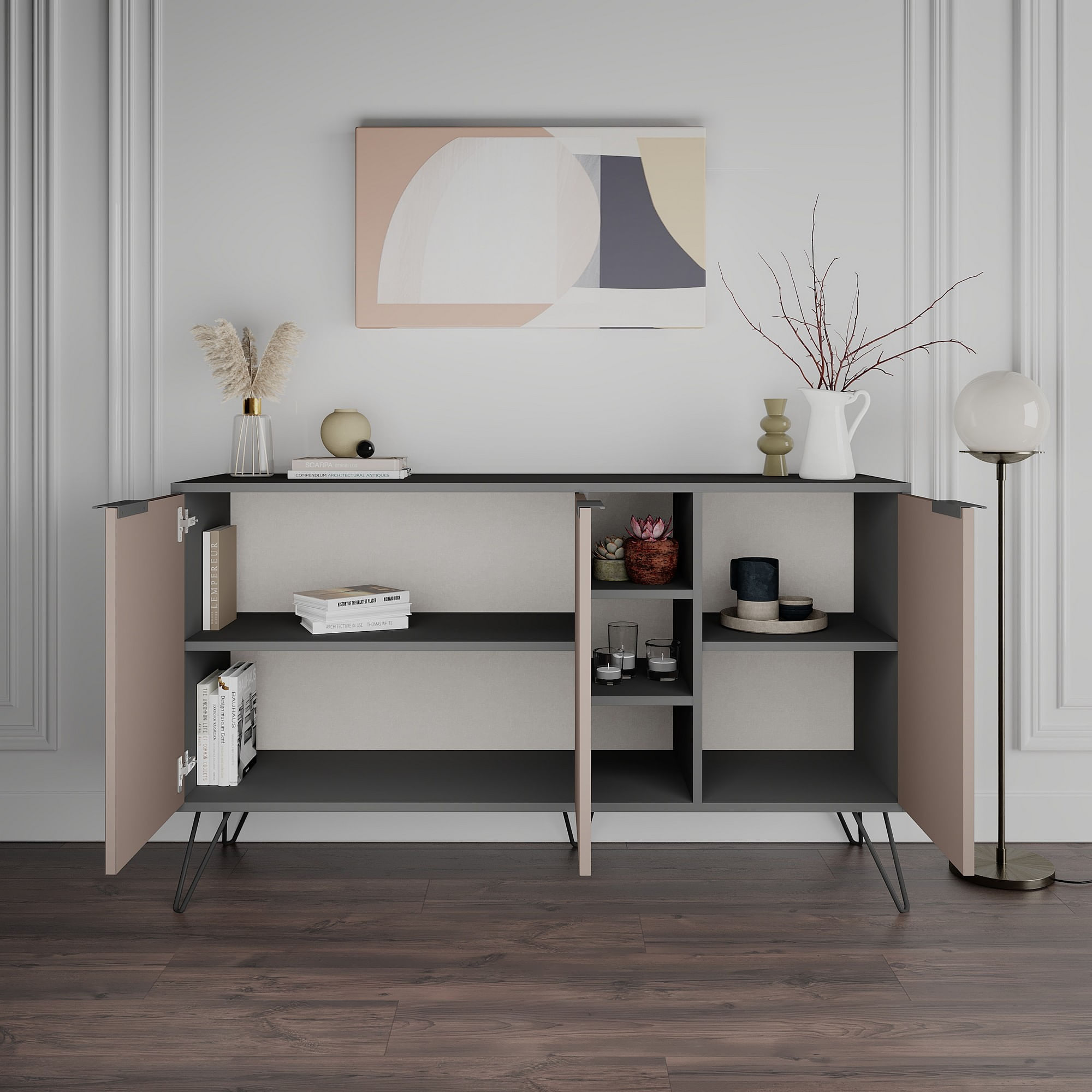 Consola, Hanah Home, pal melaminat, antracit si maro deschis, 142x35.6x83 cm — imaginea 2