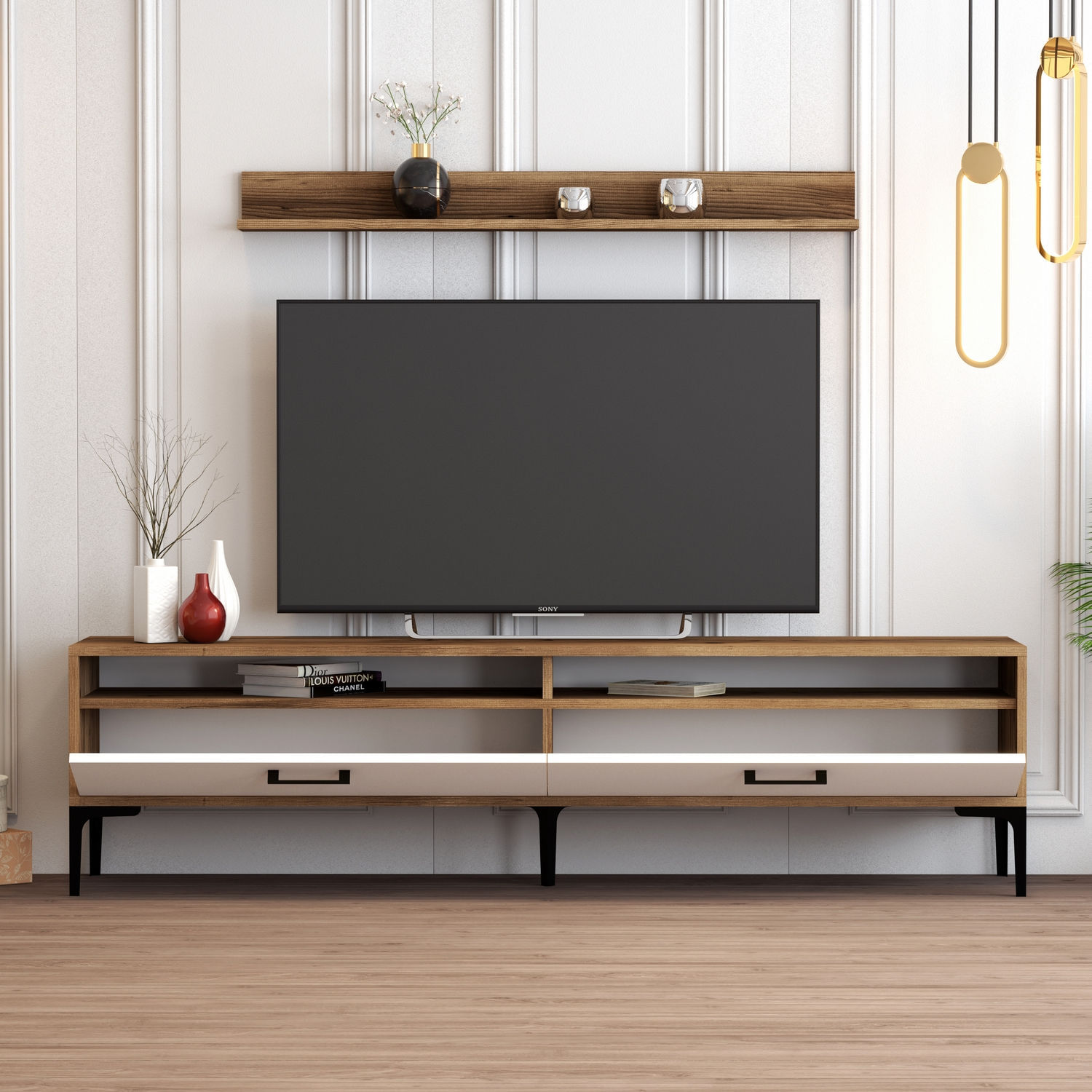 Comoda tv, Hanah Home, pal melaminat, nuc si alb, 180x47x35 cm, 845HCT3096 — imaginea 2