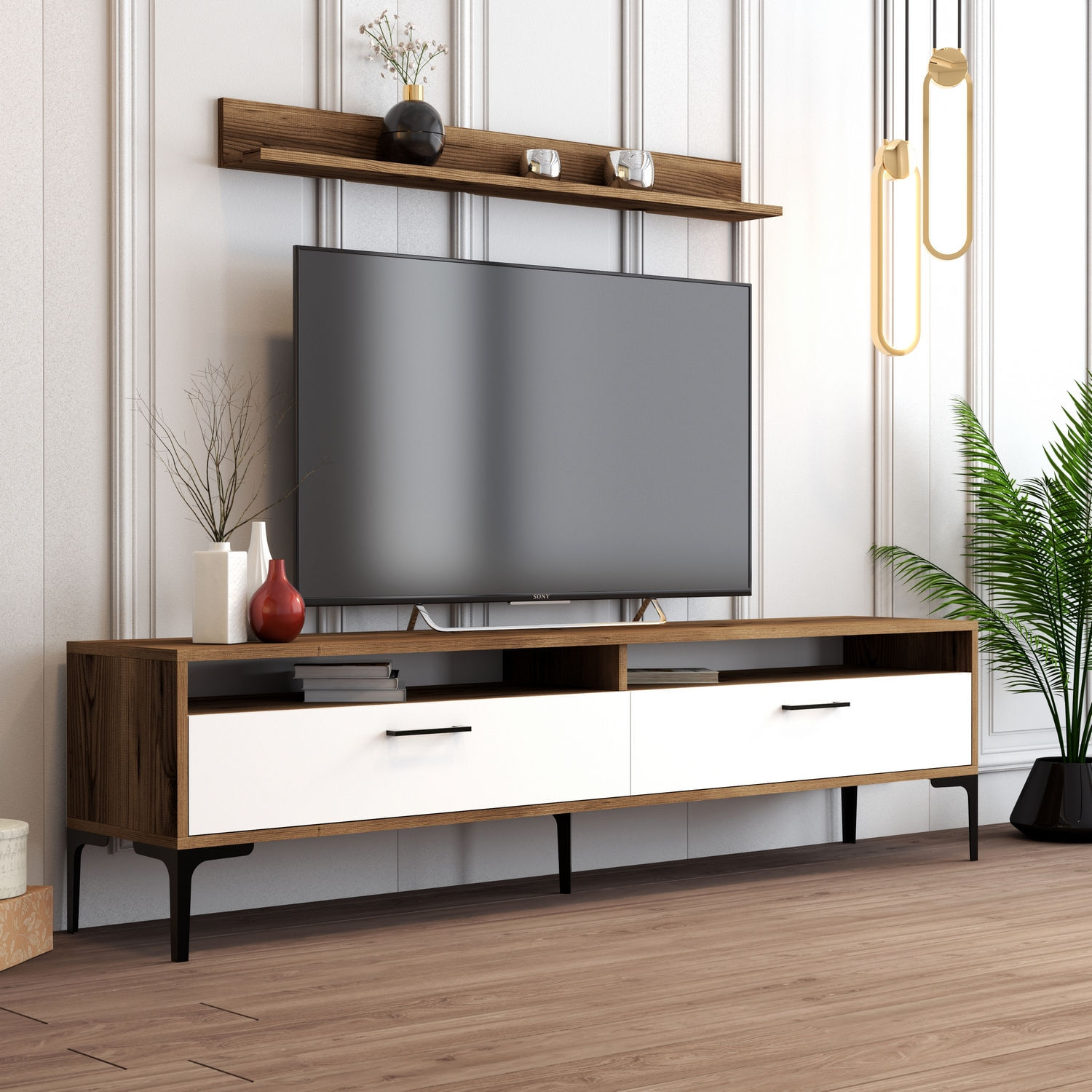 Comoda tv, Hanah Home, pal melaminat, nuc si alb, 180x47x35 cm, 845HCT3096 — imaginea 4