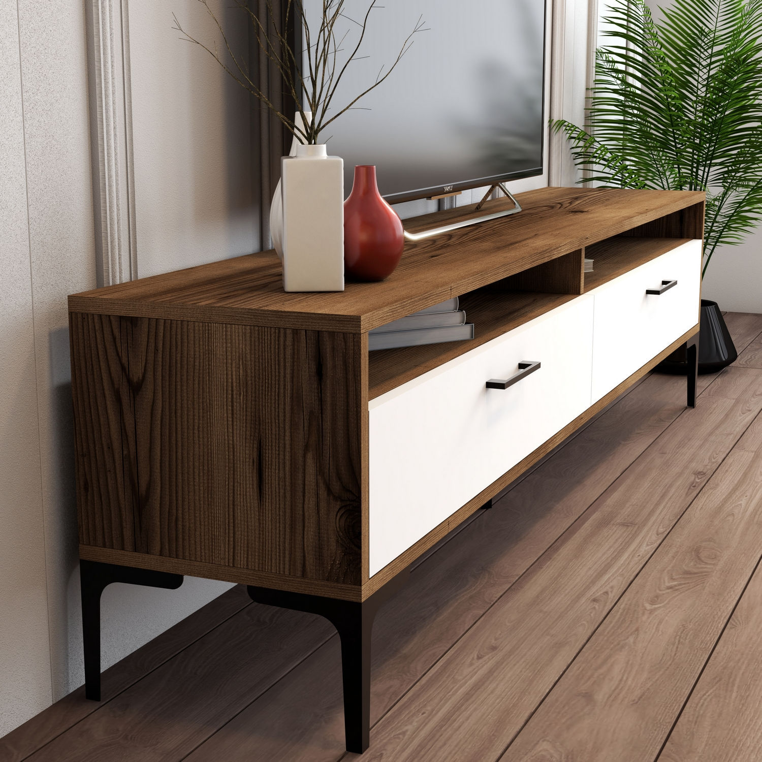 Comoda tv, Hanah Home, pal melaminat, nuc si alb, 180x47x35 cm, 845HCT3096 — imaginea 5