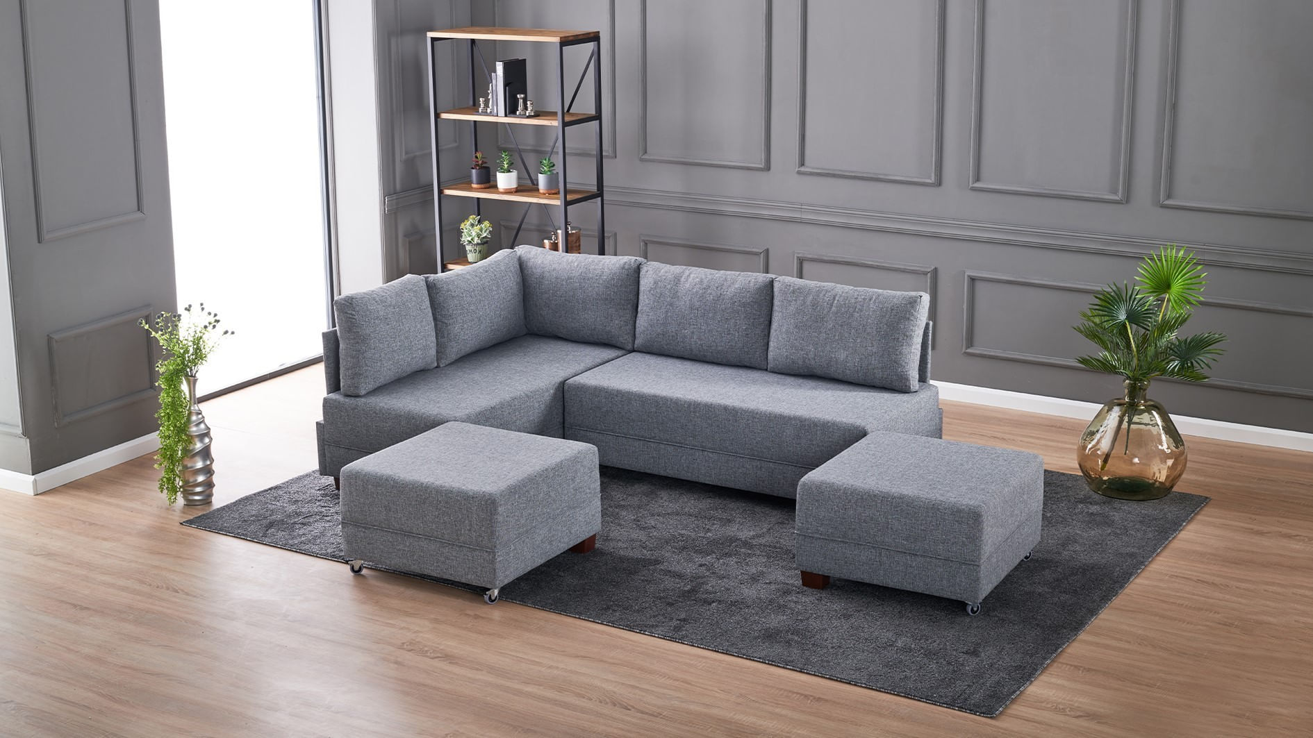 Coltar extensibil, Hanah Home, cadru lemn si pal, gri, 210x280x70 cm - 4 | YEO