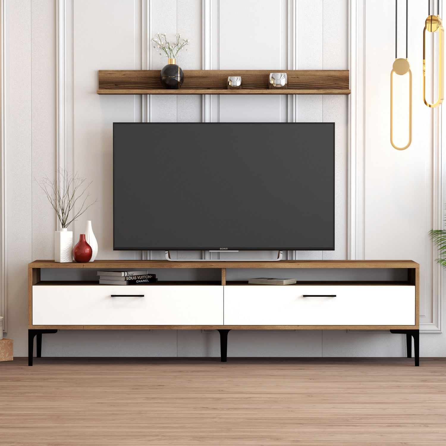 Comoda tv, Hanah Home, pal melaminat, nuc si alb, 180x47x35 cm, 845HCT3096 — imaginea 6
