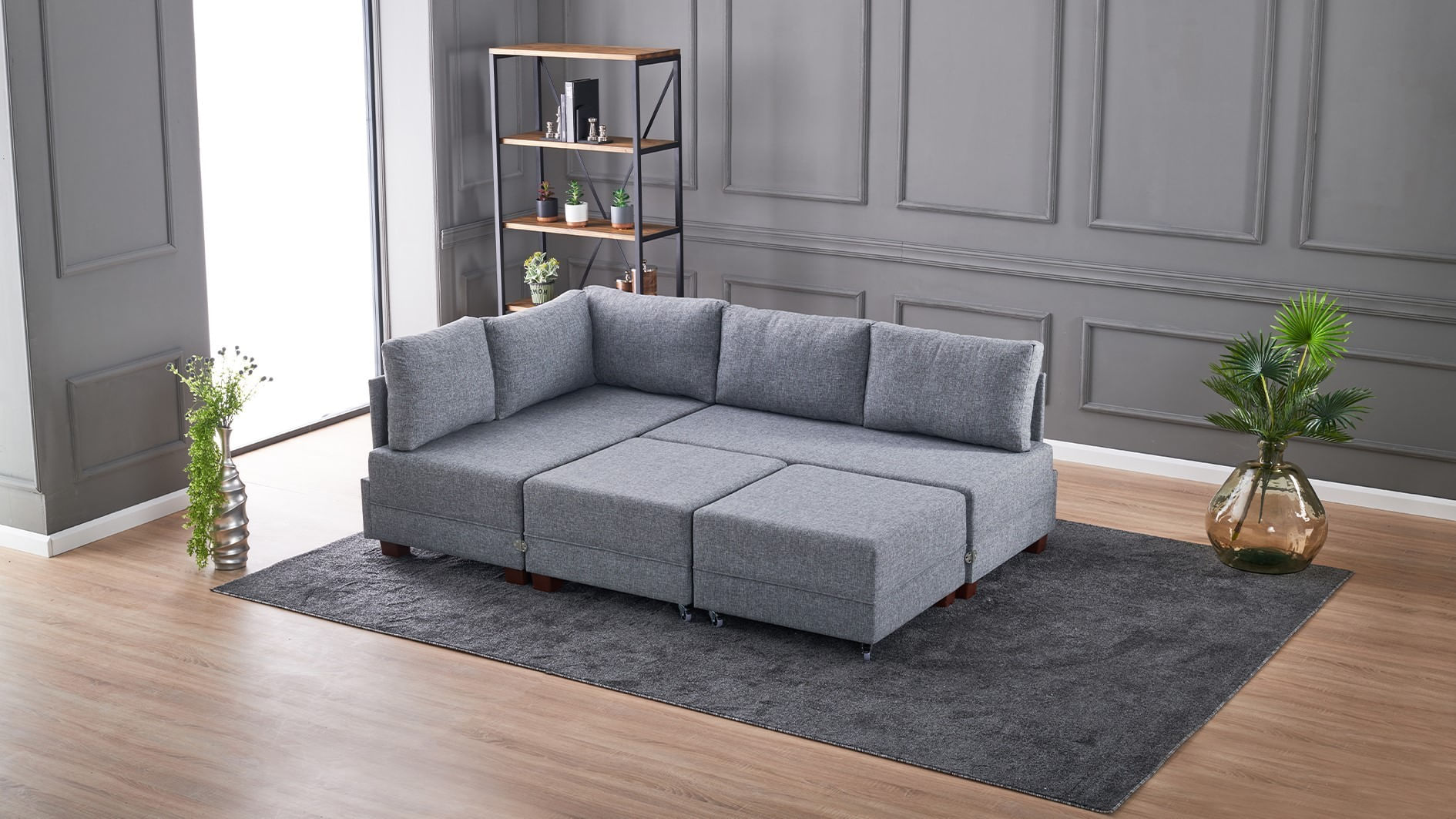 Coltar extensibil, Hanah Home, cadru lemn si pal, gri, 210x280x70 cm