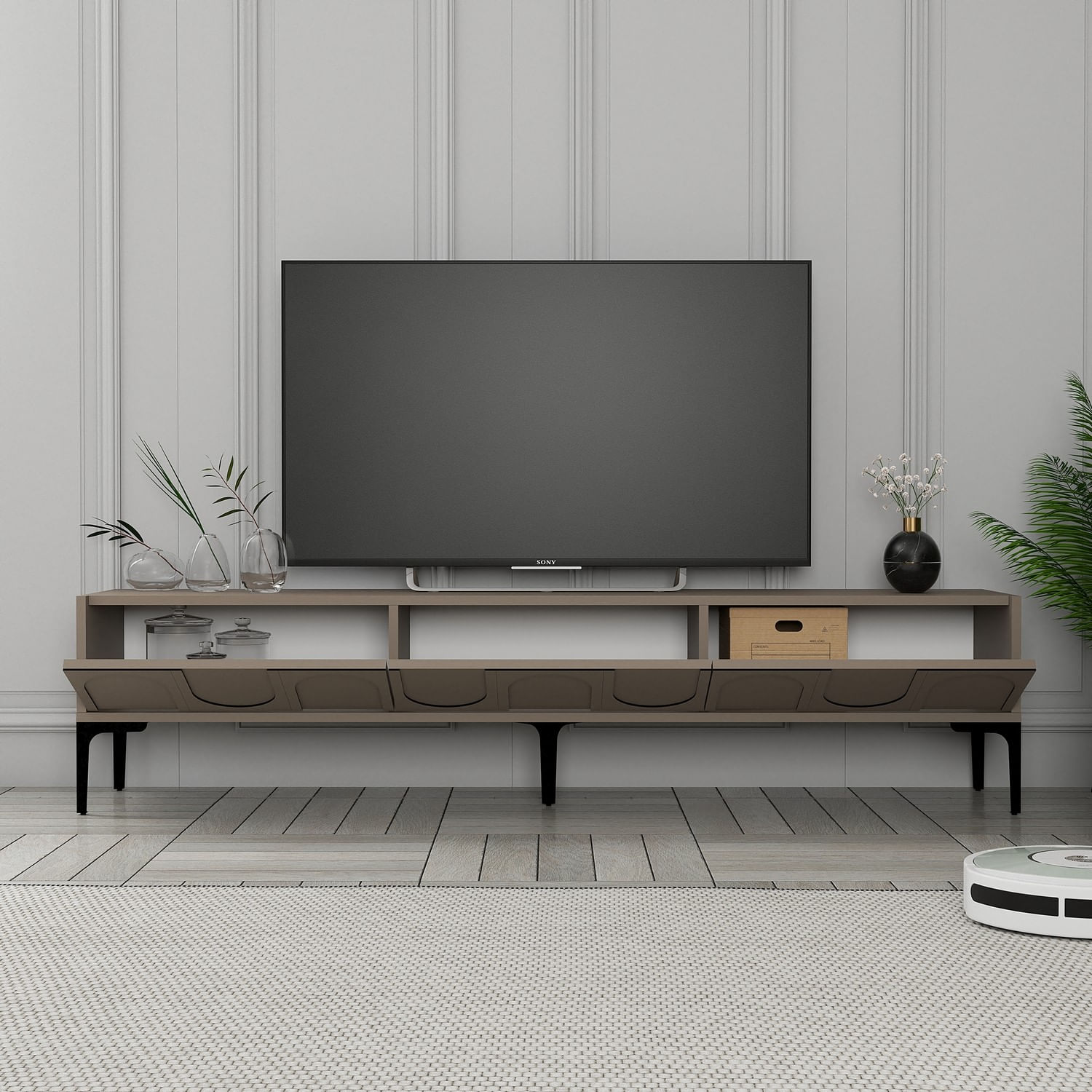 Comoda tv, Hanah Home, pal melaminat, atlas si negru, 180x35x42 cm