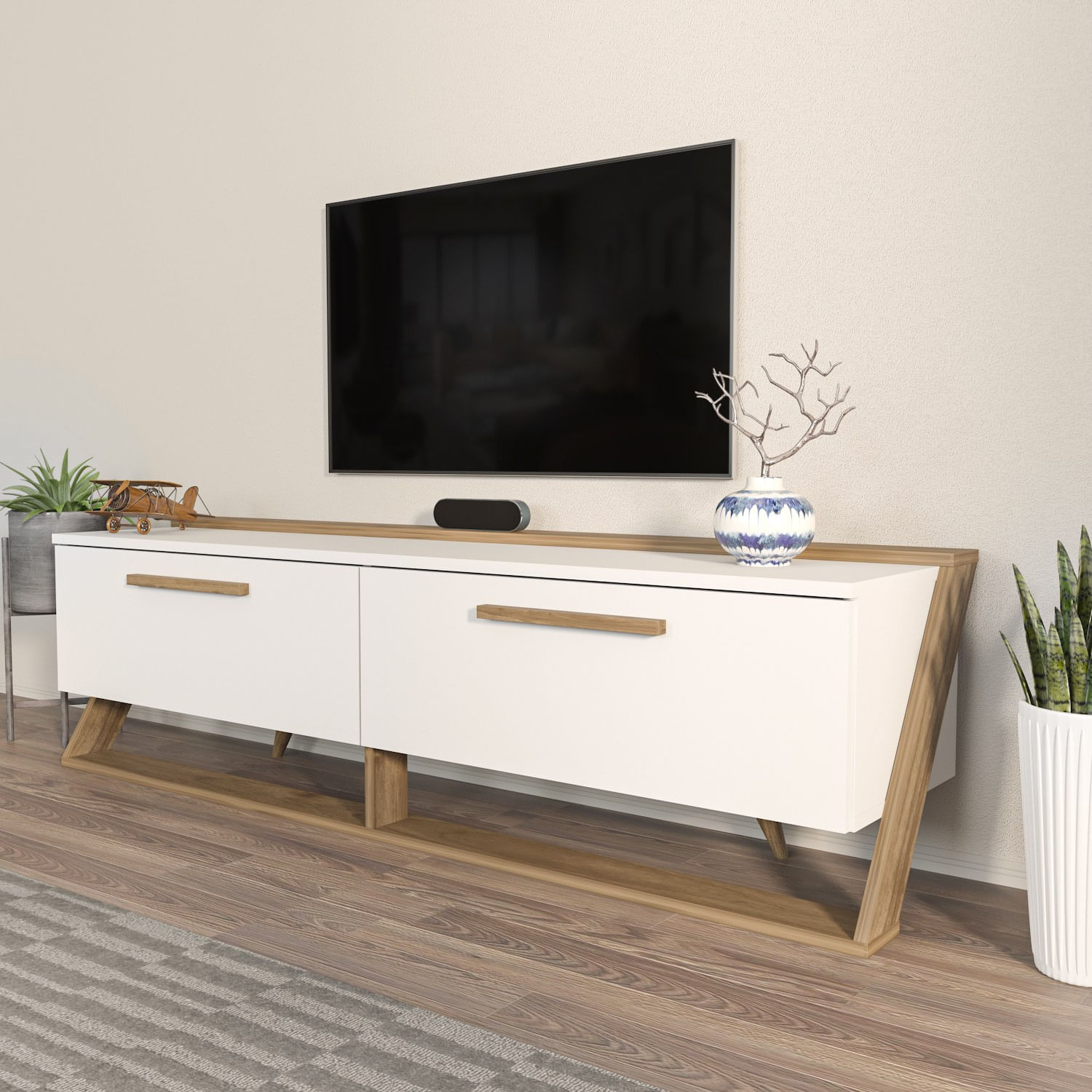 Comoda tv, Hanah Home, pal melaminat, alb si nuc, 163.8x46.8x36.6 cm — imaginea 2