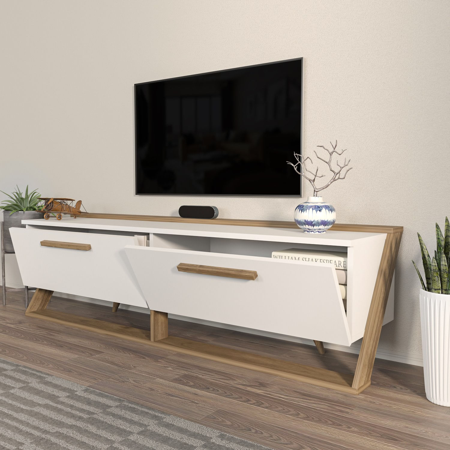 Comoda tv, Hanah Home, pal melaminat, alb si nuc, 163.8x46.8x36.6 cm — imaginea 4