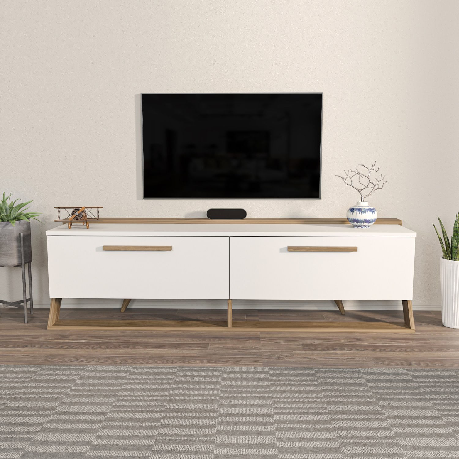 Comoda tv, Hanah Home, pal melaminat, alb si nuc, 163.8x46.8x36.6 cm — imaginea 5