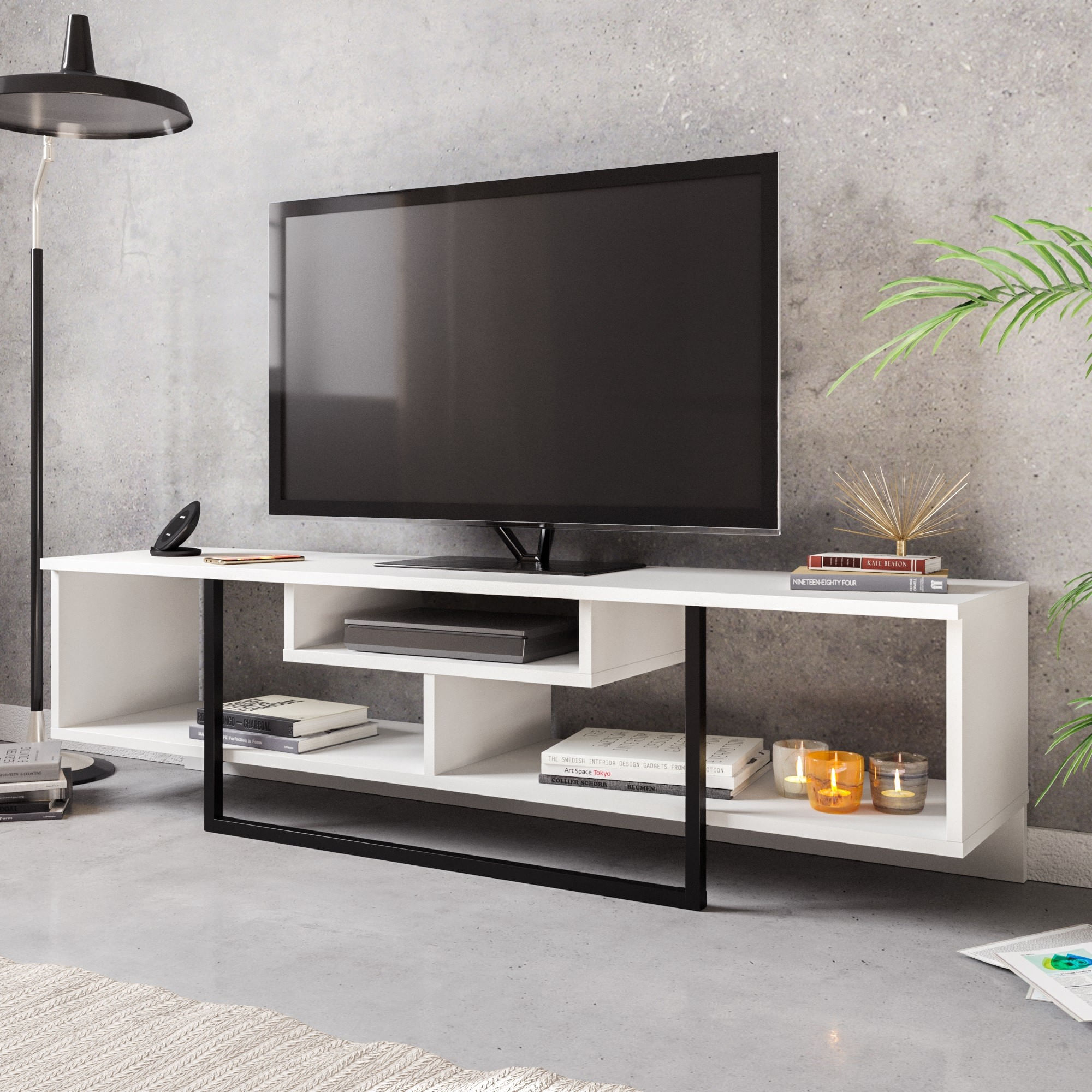 Comoda tv, Hanah Home, pal melaminat, alb negru, 149.4x35.2x40.2 cm — imaginea 2