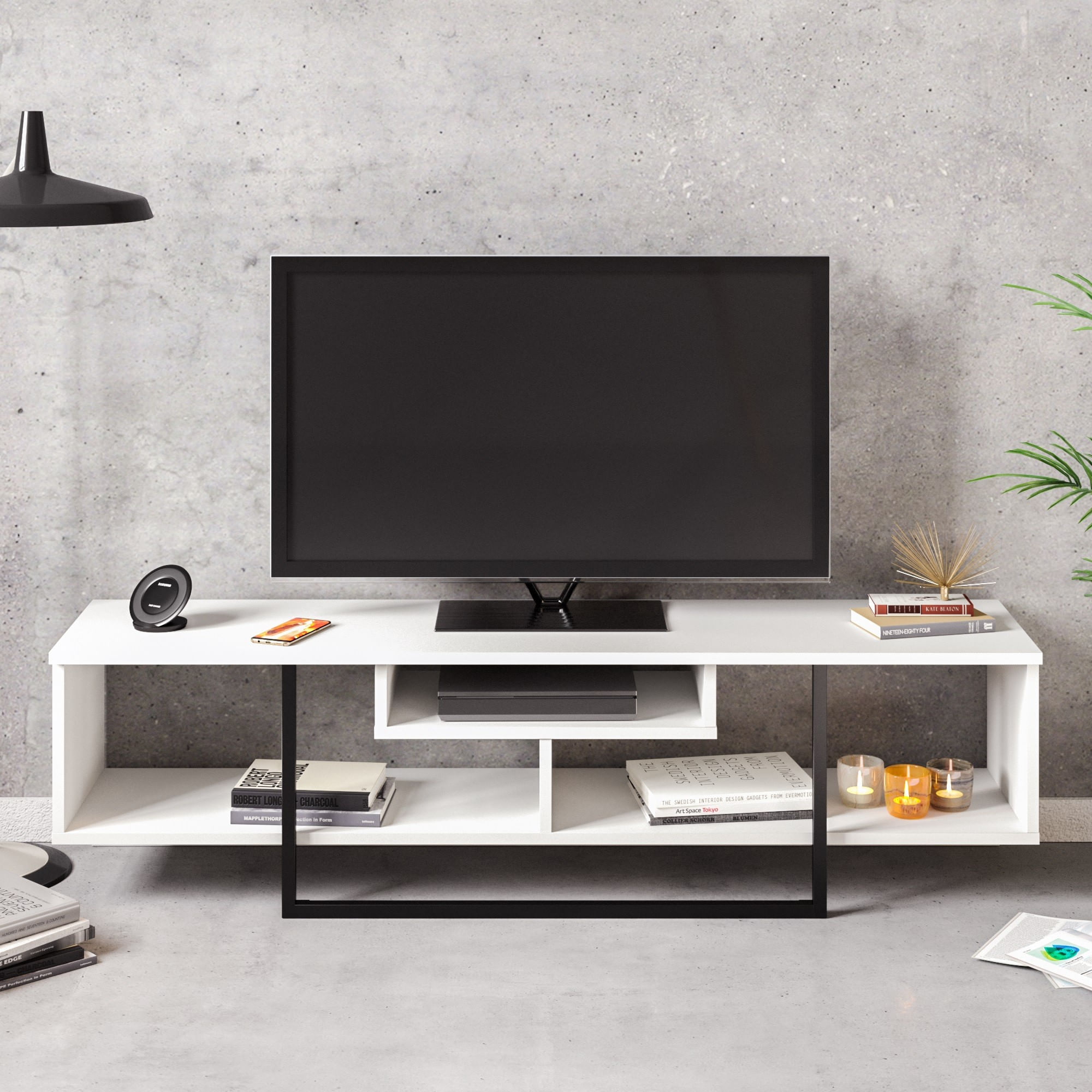 Comoda tv, Hanah Home, pal melaminat, alb negru, 149.4x35.2x40.2 cm — imaginea 4