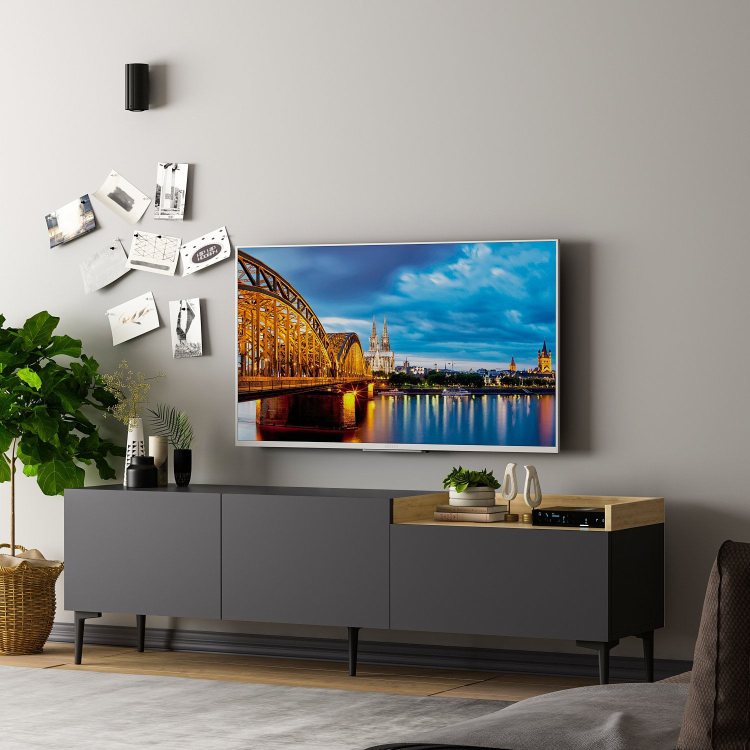 Suport tv, Hanah Home, pal melaminat, antracit, 160x37x48 cm — imaginea 4