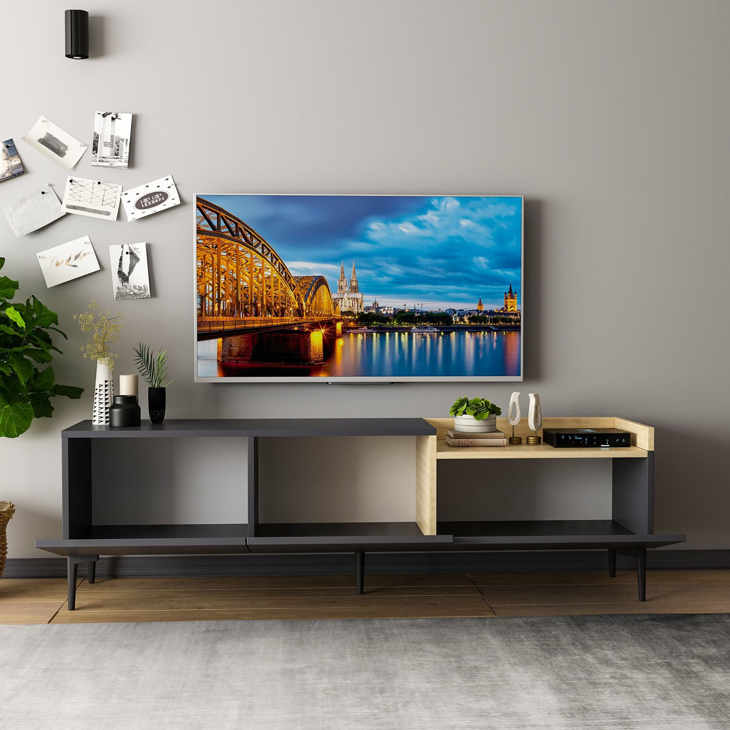 Suport tv, Hanah Home, pal melaminat, antracit, 160x37x48 cm — imaginea 6