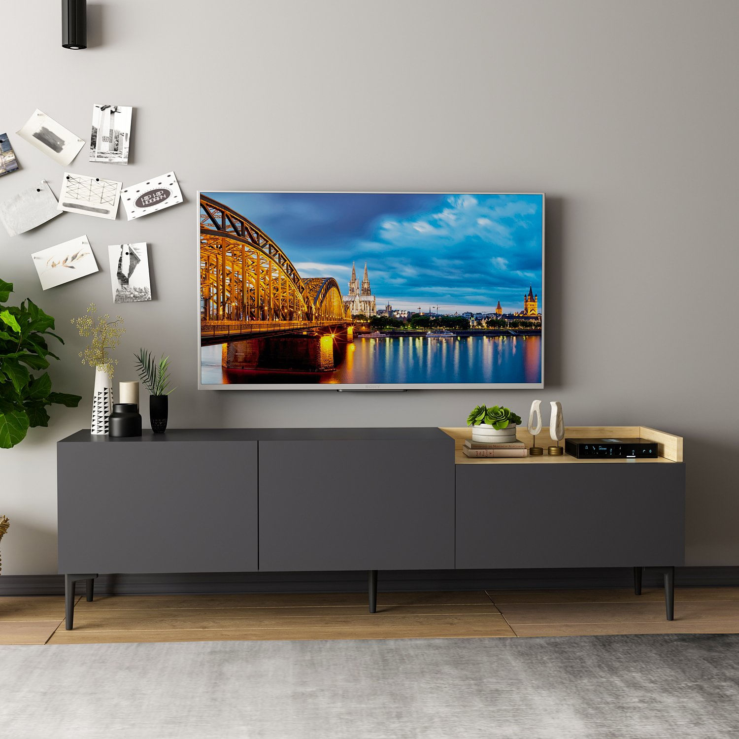 Suport tv, Hanah Home, pal melaminat, antracit, 160x37x48 cm — imaginea 7