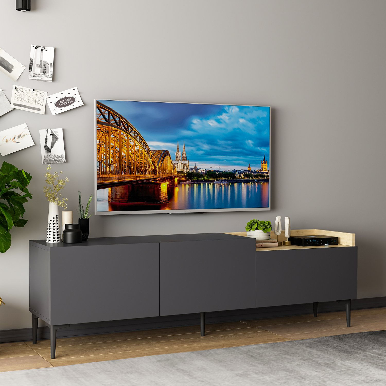 Suport tv, Hanah Home, pal melaminat, antracit, 160x37x48 cm — imaginea 9