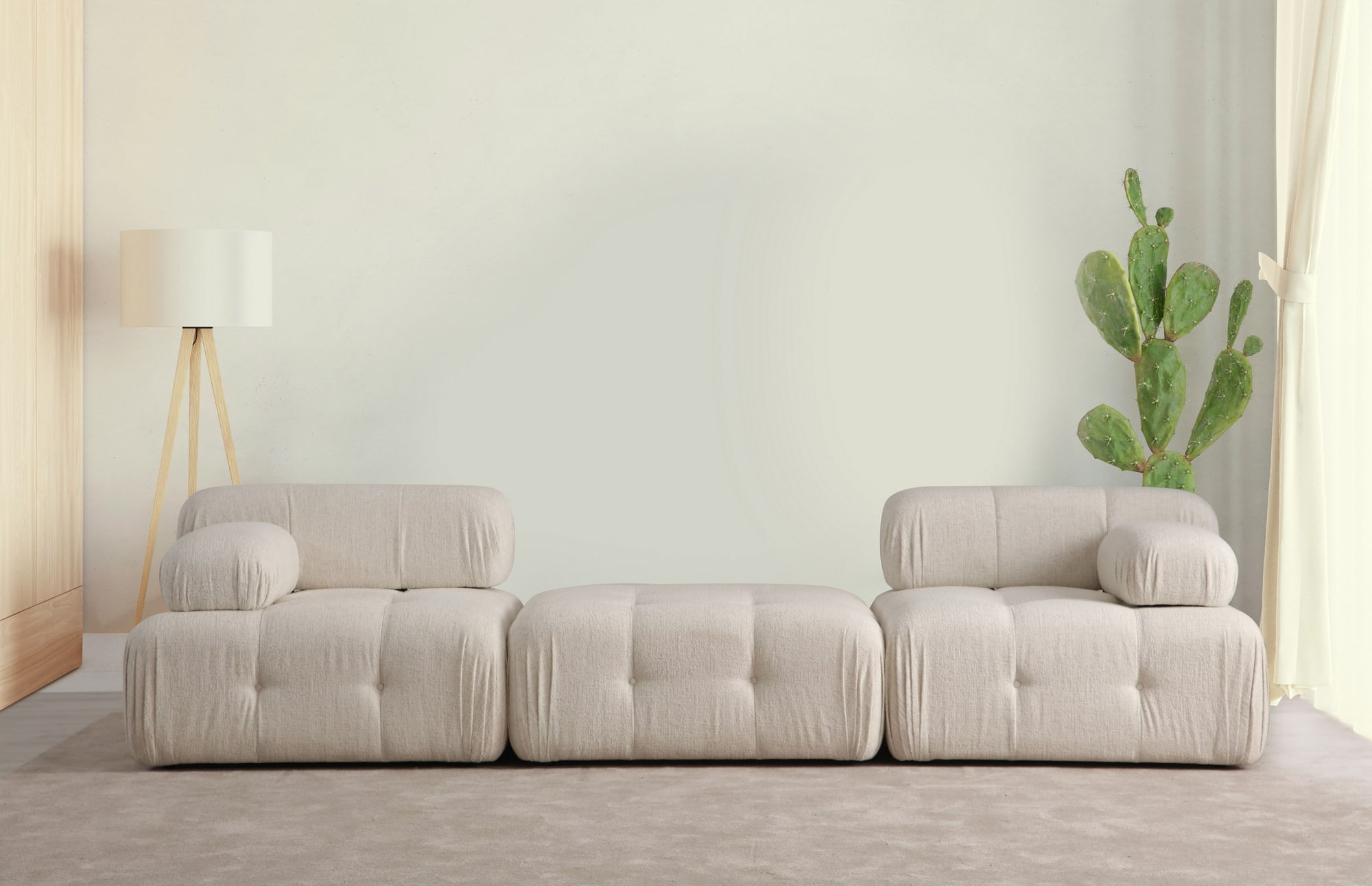 Canapea 3 locuri, Hanah Home, stofa bouclette, crem, 300x100x80 cm
