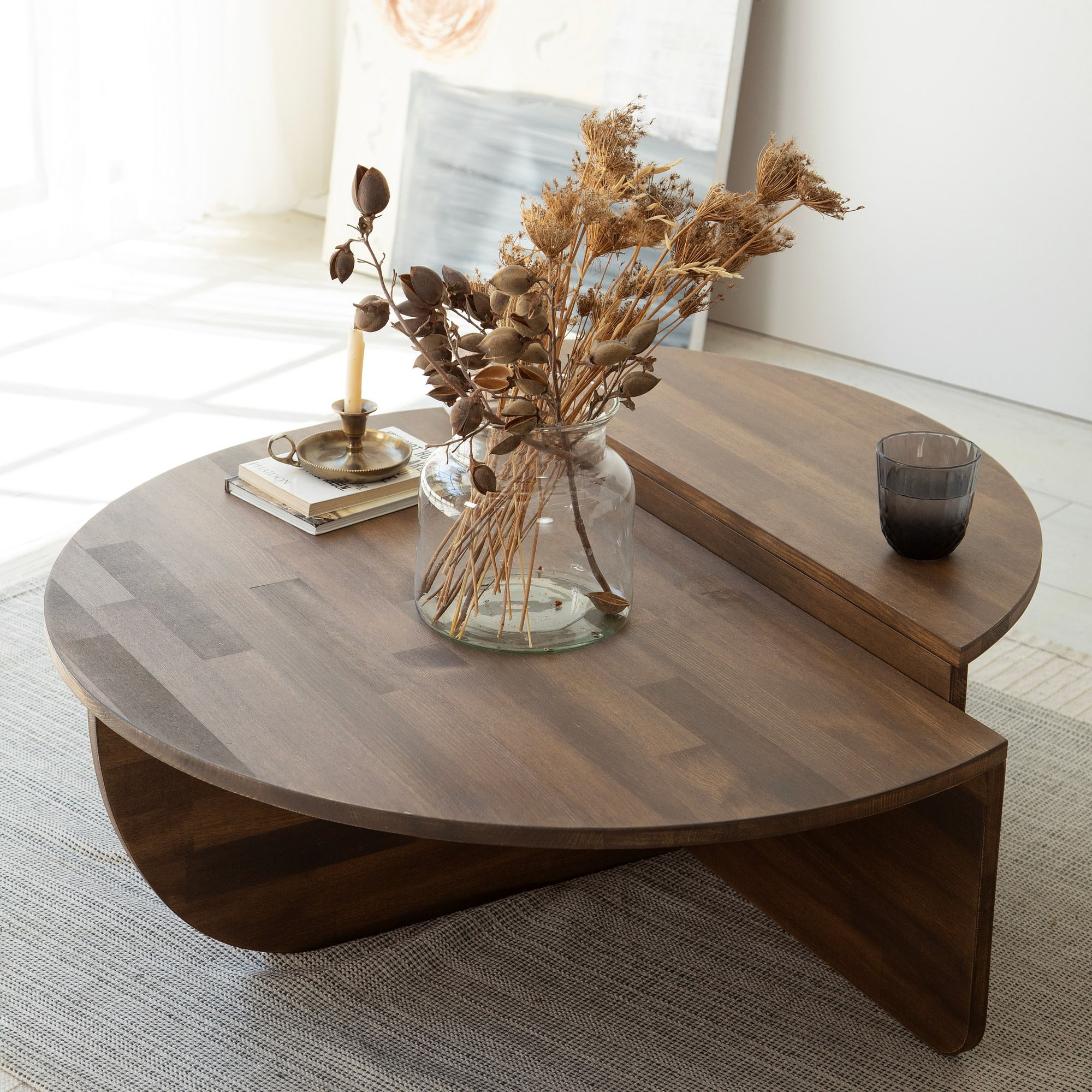 Set masute de cafea, Hanah Home, lemn masiv de pin, nuc, 90x60x30 cm, 85x35x30 cm — imaginea 6