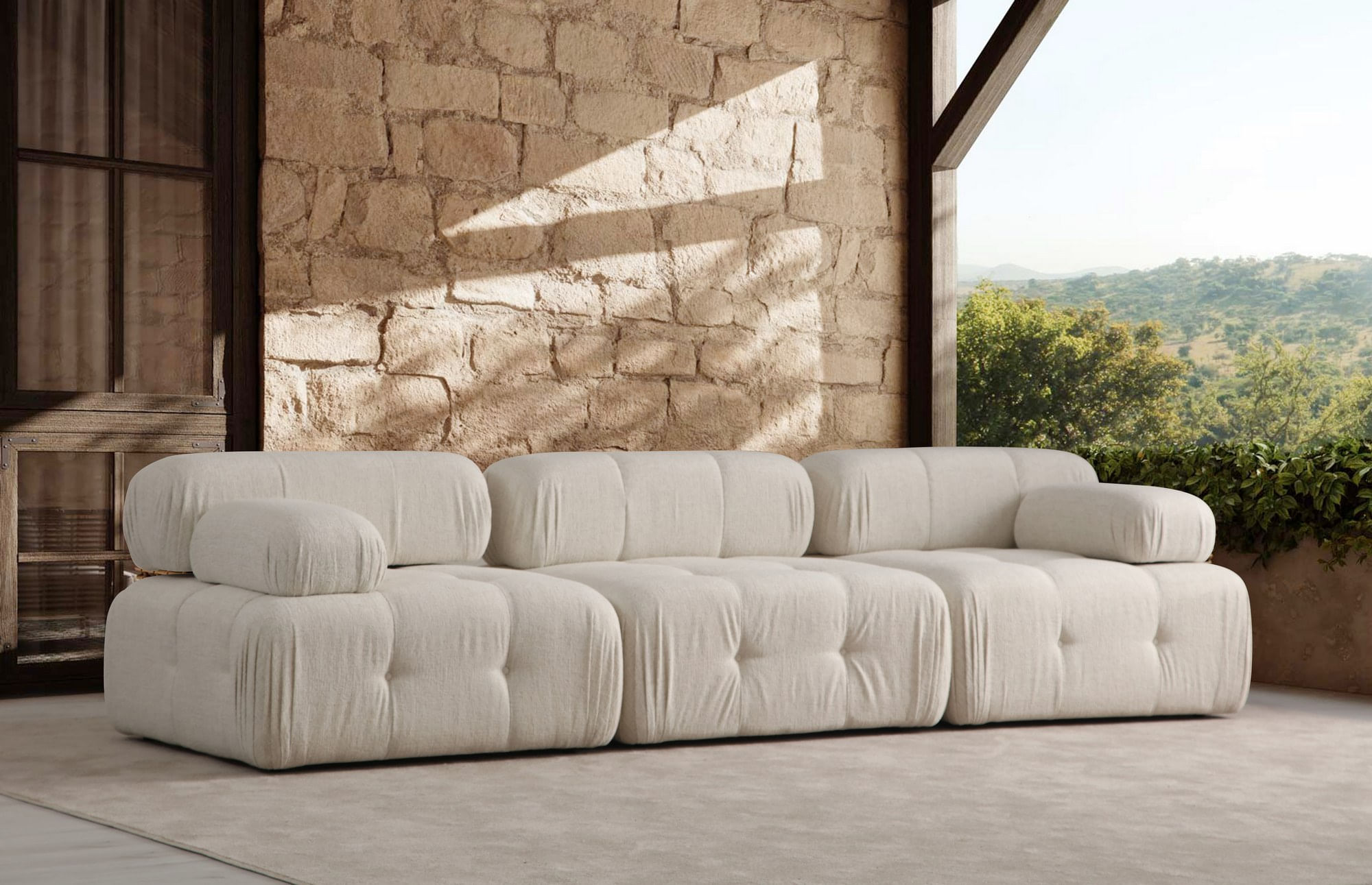 Canapea 3 locuri, Hanah Home, bouclé poliester, crem, 300x100x80 cm — imaginea 3