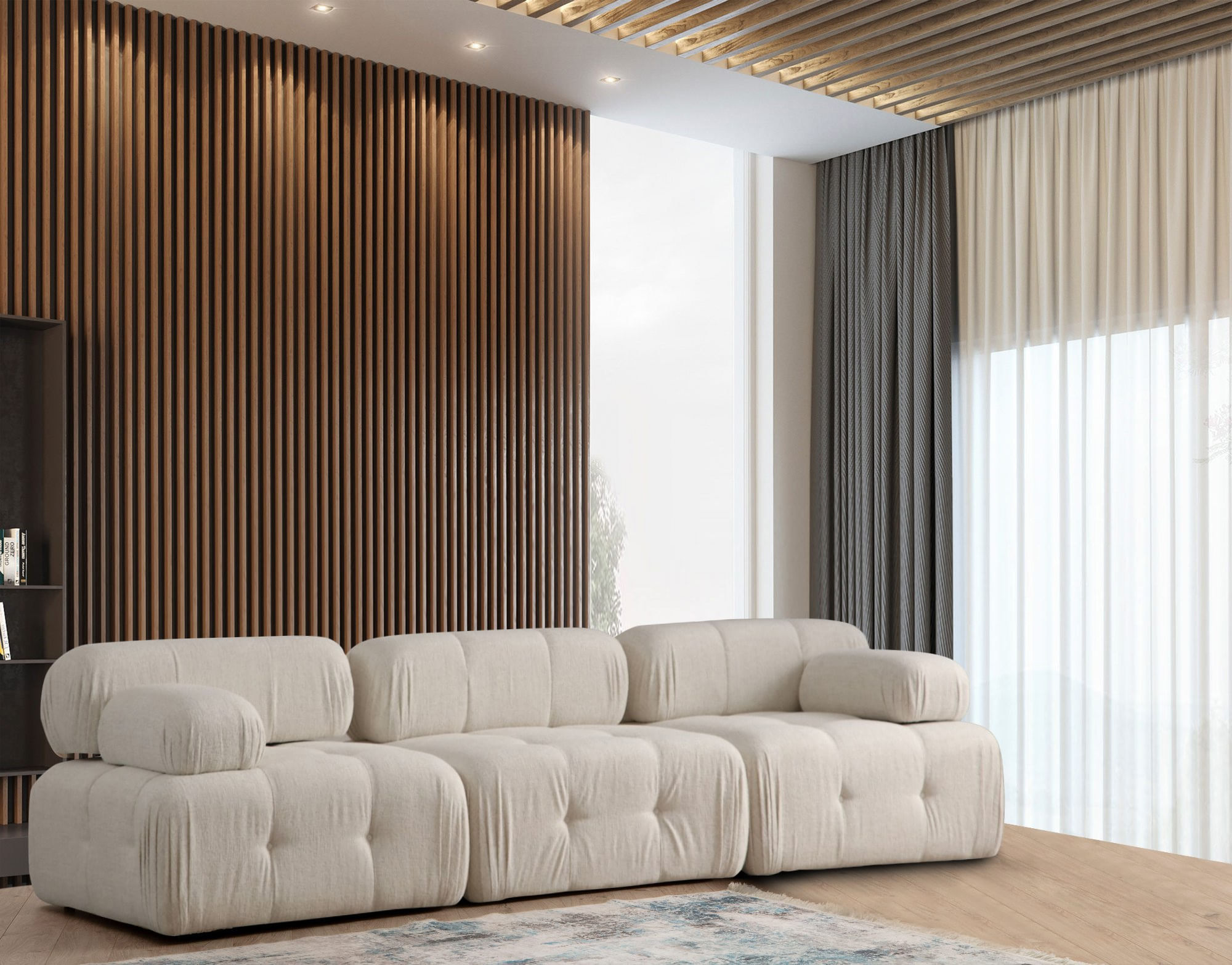 Canapea 3 locuri, Hanah Home, bouclé poliester, crem, 300x100x80 cm — imaginea 5