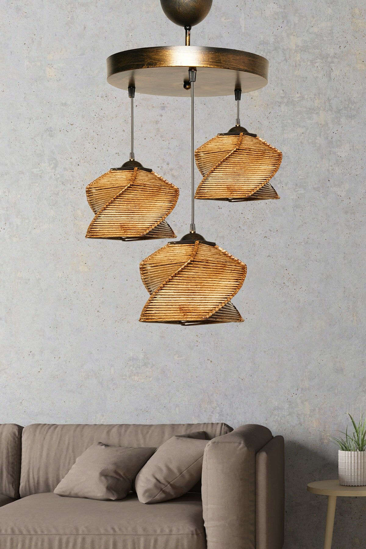 Candelabru, Opviq, metal, bej, capac imitatie bambus, 35x35x16 cm, inaltime totala 85 cm