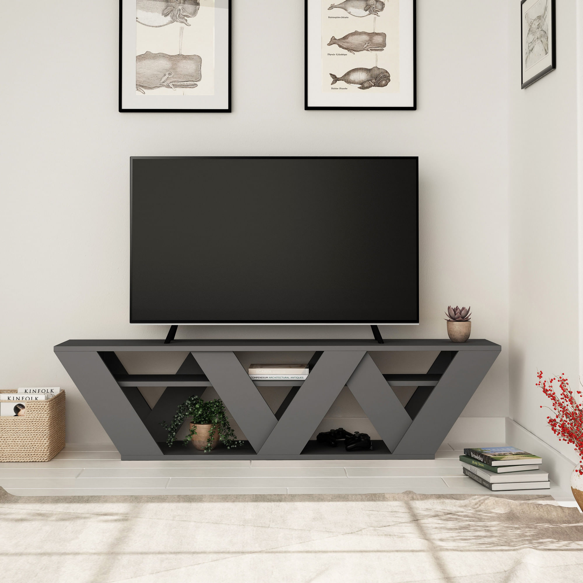 Comoda tv, Hanah Home, pal melaminat, antracit, 158x40x30 cm — imaginea 2