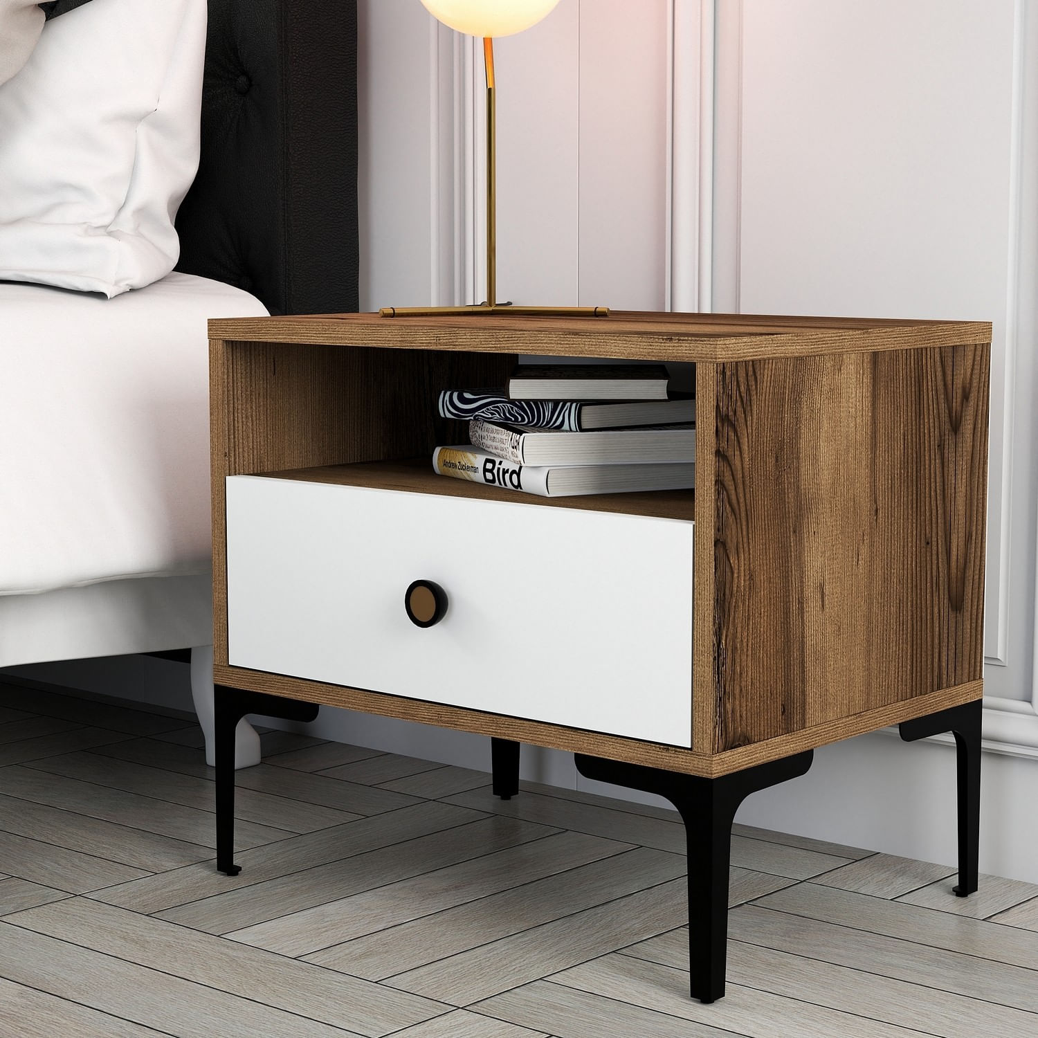 Noptiera, Hanah Home, pal melaminat, nuc si alb, 56x40x50.8 cm, 845HCT2502 — imaginea 2