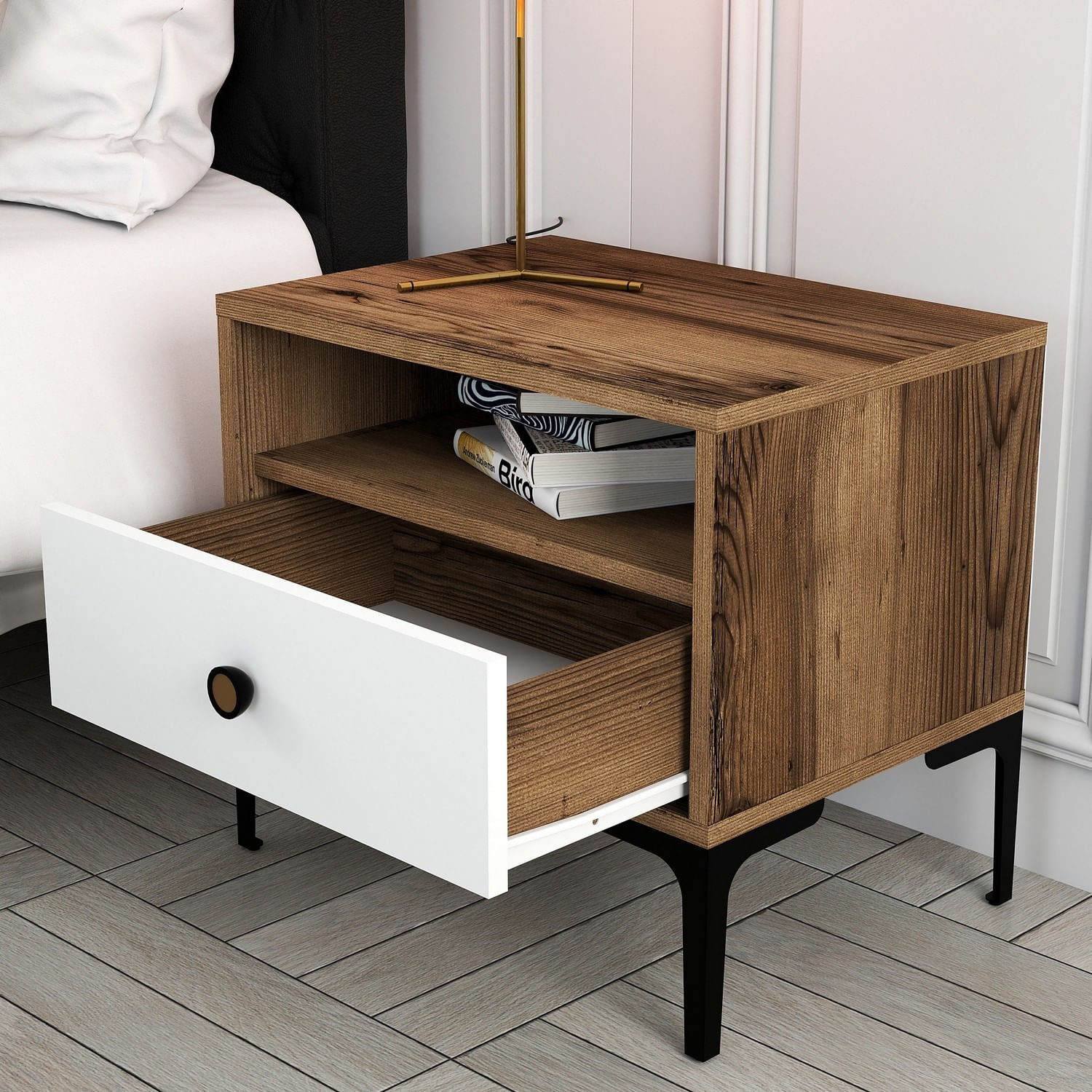 Noptiera, Hanah Home, pal melaminat, nuc si alb, 56x40x50.8 cm, 845HCT2502 — imaginea 4