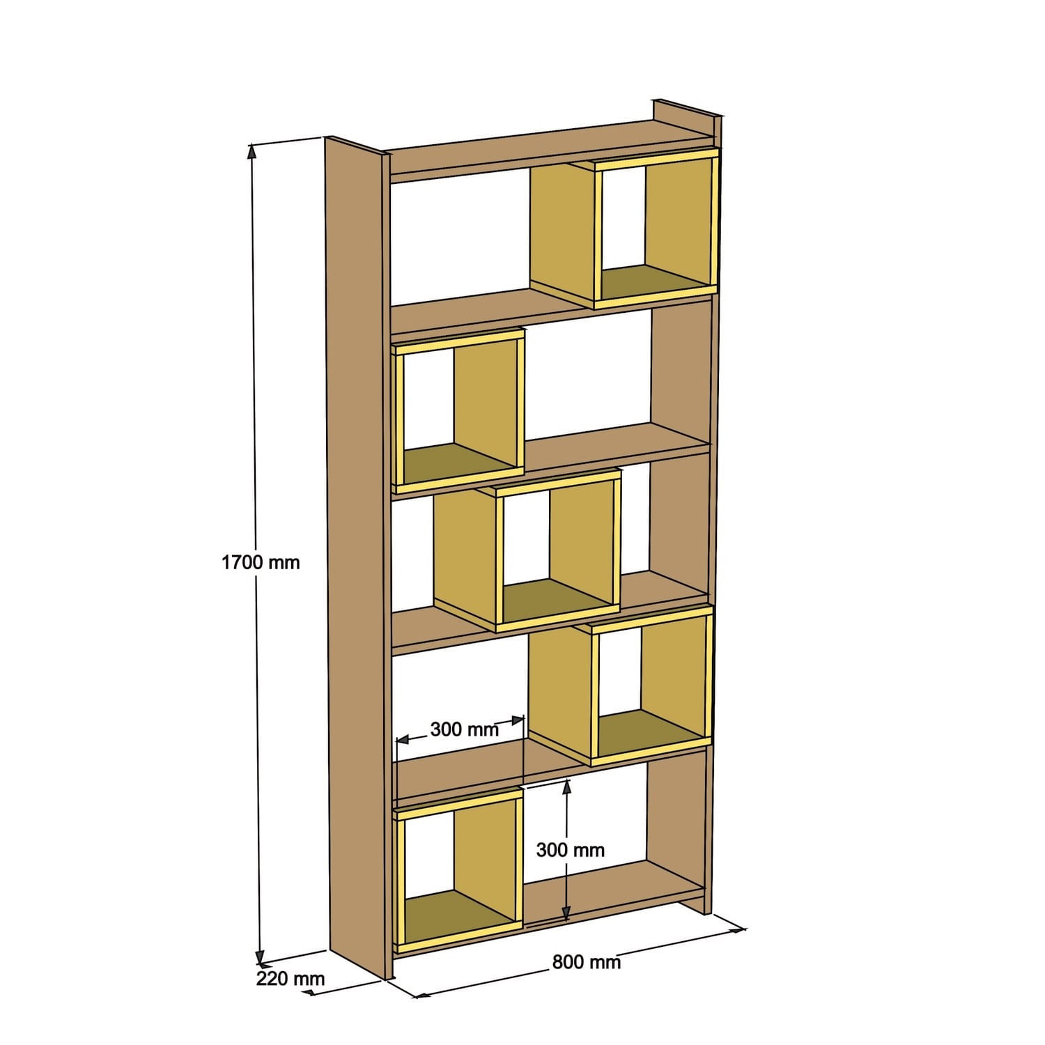 Biblioteca, Hanah Home, PAL melaminat, nuc si galben, 80x22x170 cm