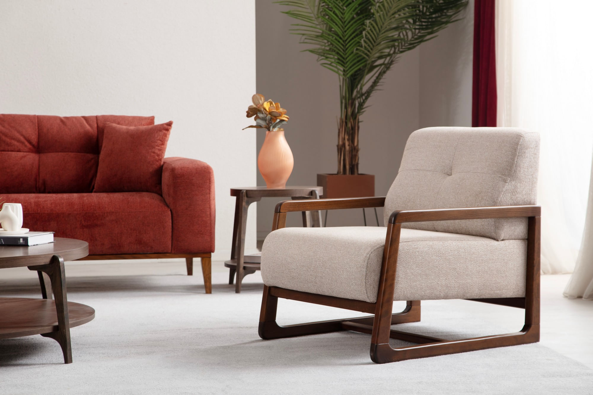 Canapea extensibila 3 locuri, Hanah Home, lemn fag si panouri aglomerate, rosu tigla, 225x92x75 cm — imaginea 5