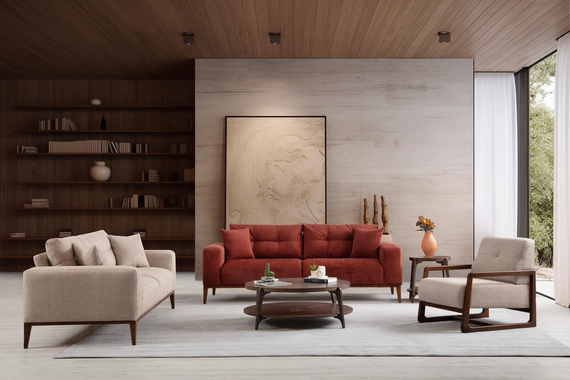 Canapea extensibila 3 locuri, Hanah Home, lemn fag si panouri aglomerate, rosu tigla, 225x92x75 cm — imaginea 8