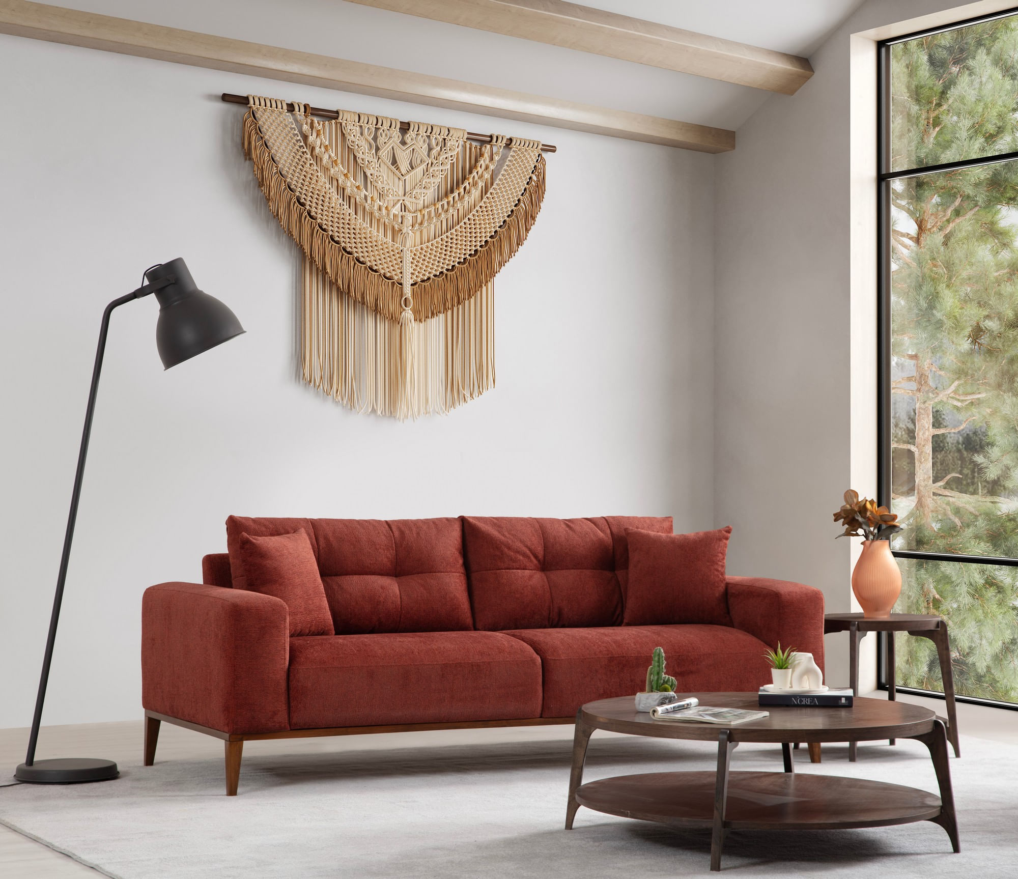 Canapea extensibila 3 locuri, Hanah Home, lemn fag si panouri aglomerate, rosu tigla, 225x92x75 cm — imaginea 9