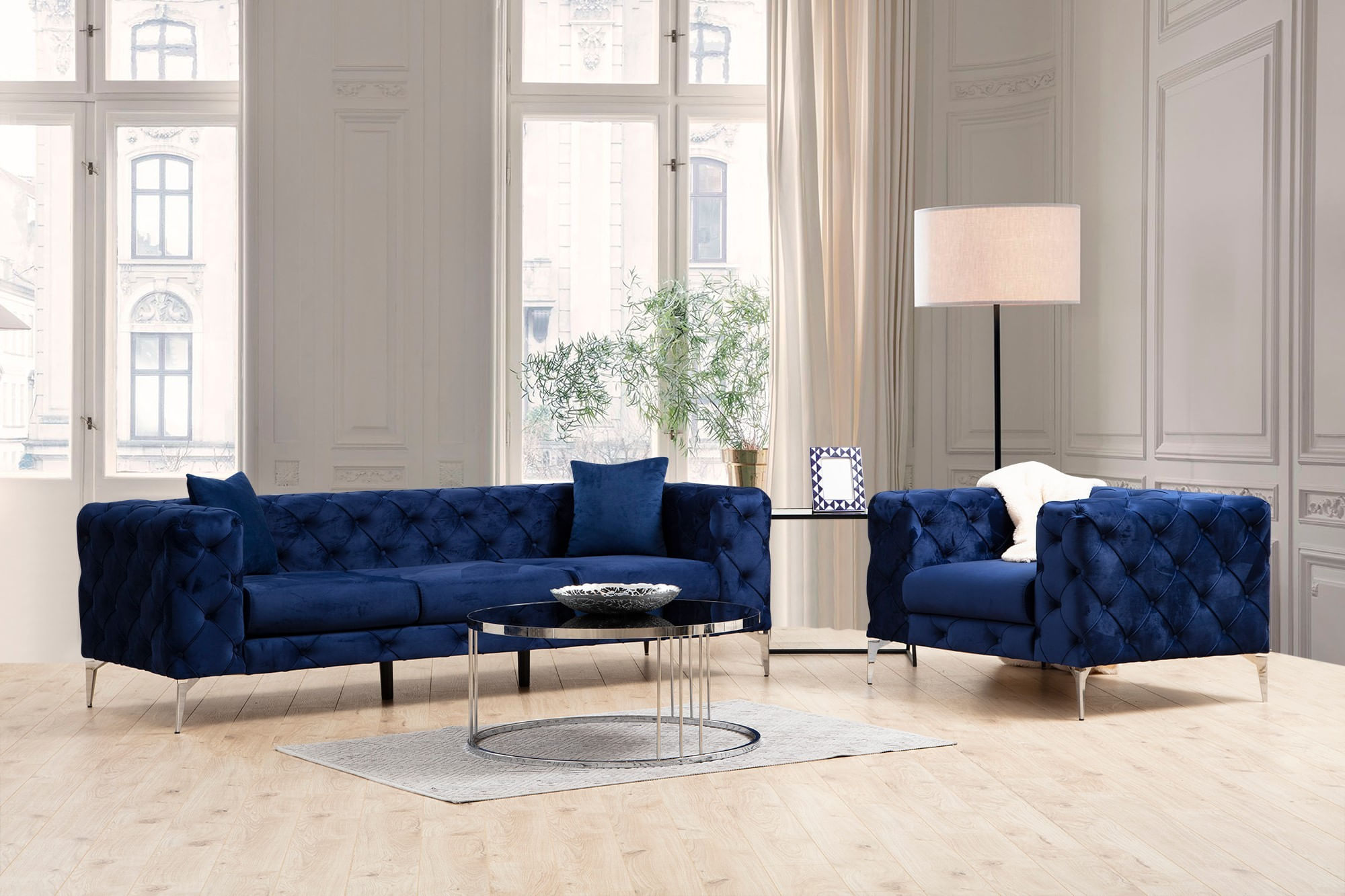 Canapea 3 locuri, Hanah Home, lemn fag si pal, albastru marin, 237x90x70 cm — imaginea 3