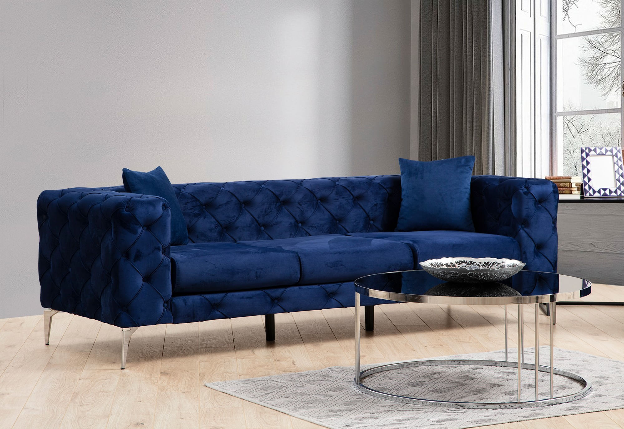 Canapea 3 locuri, Hanah Home, lemn fag si pal, albastru marin, 237x90x70 cm — imaginea 6