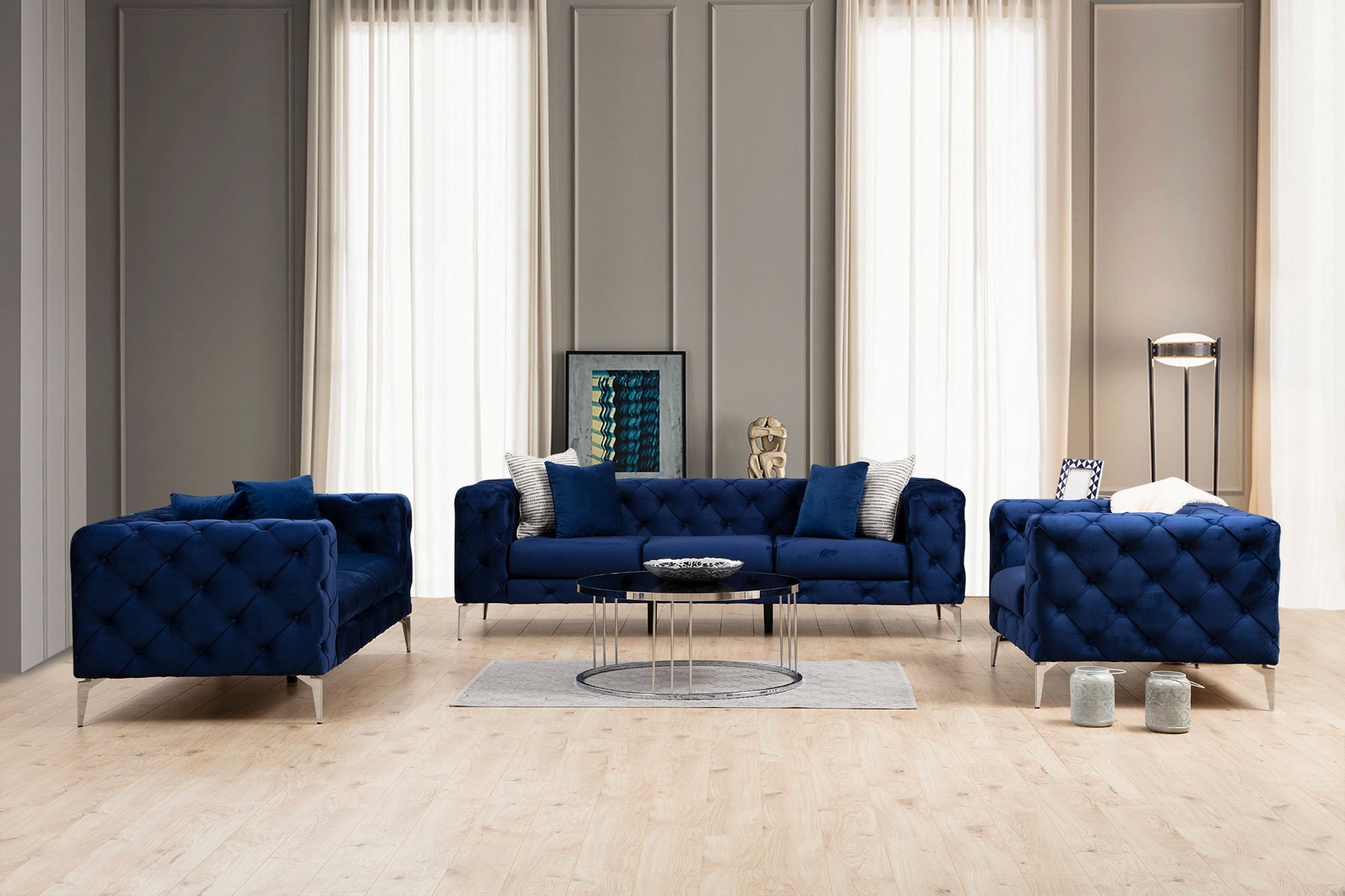 Canapea 3 locuri, Hanah Home, lemn fag si pal, albastru marin, 237x90x70 cm — imaginea 11