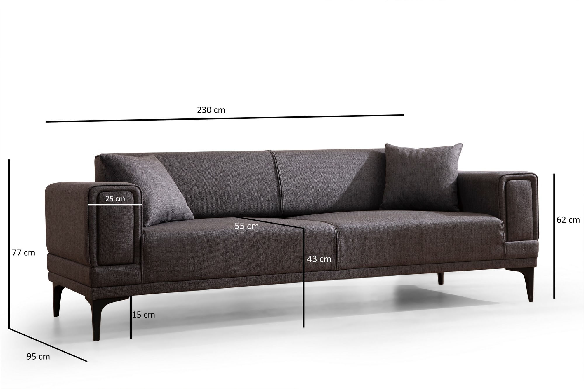 Canapea extensibila 3 locuri, Atelier Del Sofa, lemn fag si PAL, gri inchis, 230x95x77 cm