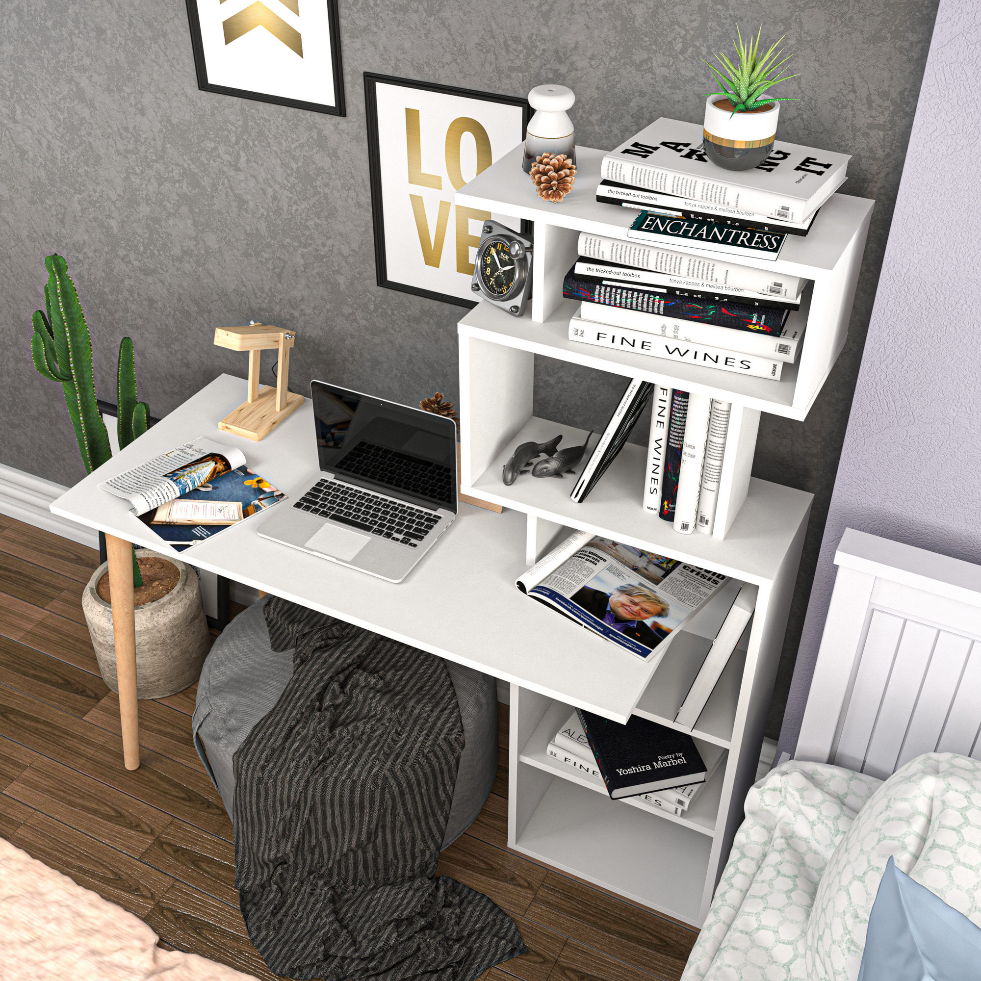 Birou de studiu, Hanah Home, pal melaminat, alb, 133x55x146.4 cm — imaginea 2
