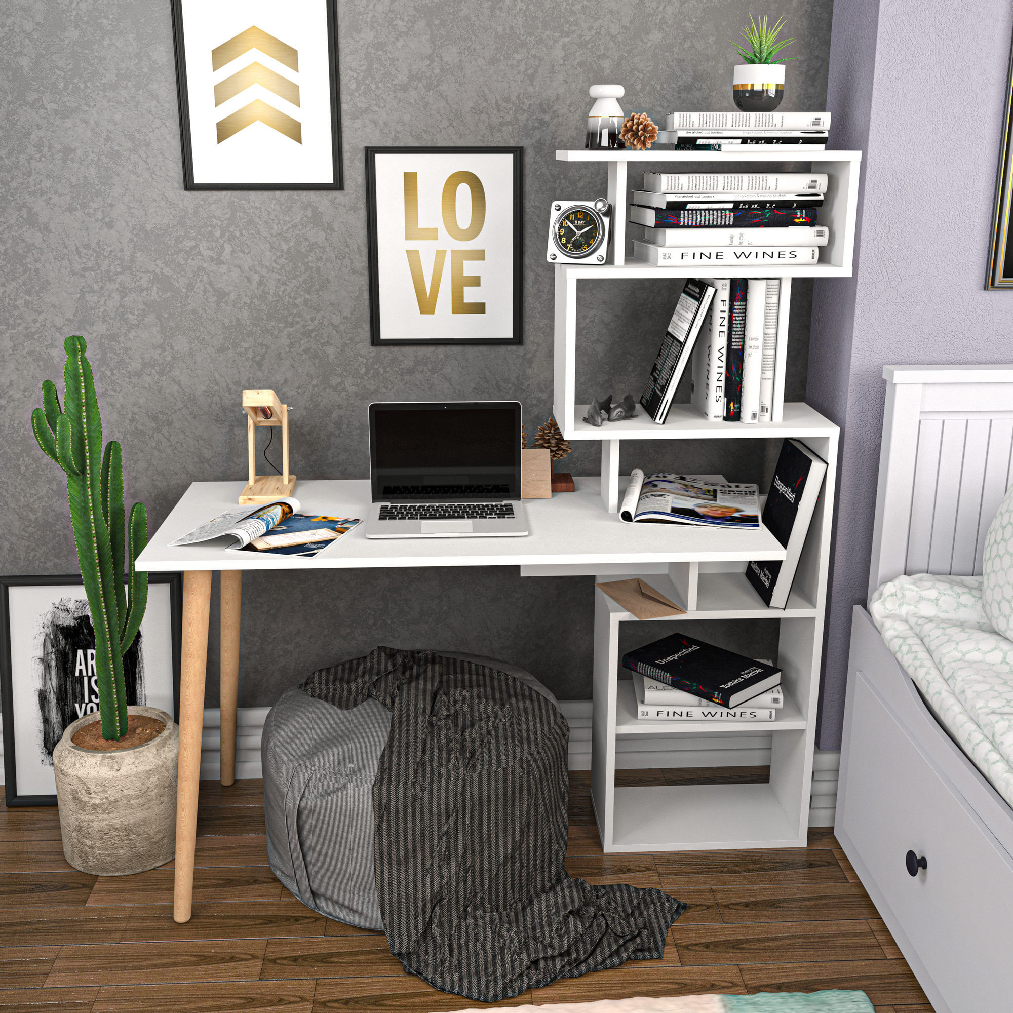 Birou de studiu, Hanah Home, pal melaminat, alb, 133x55x146.4 cm — imaginea 4