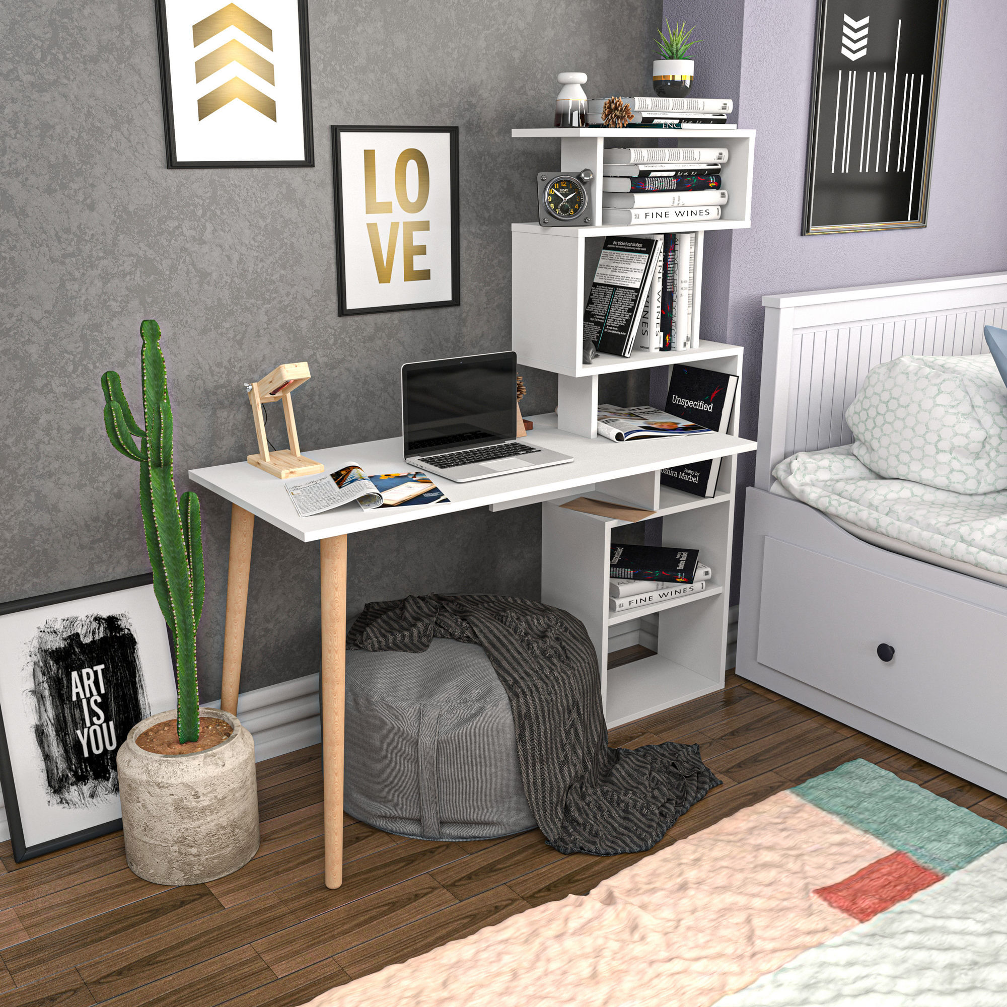 Birou de studiu, Hanah Home, pal melaminat, alb, 133x55x146.4 cm — imaginea 5