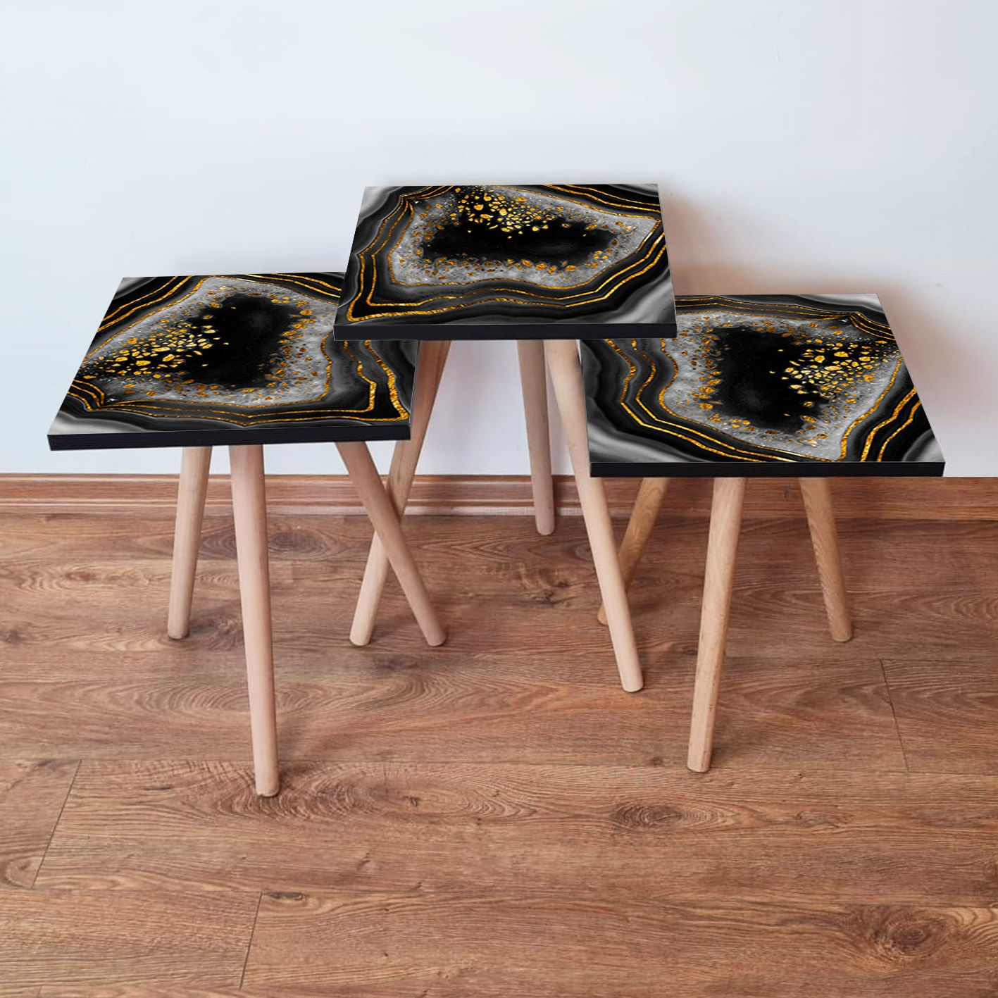 Set masute de cafea, Hanah Home, mdf, negru alb auriu, 35x35x52 cm, 481LNA3149