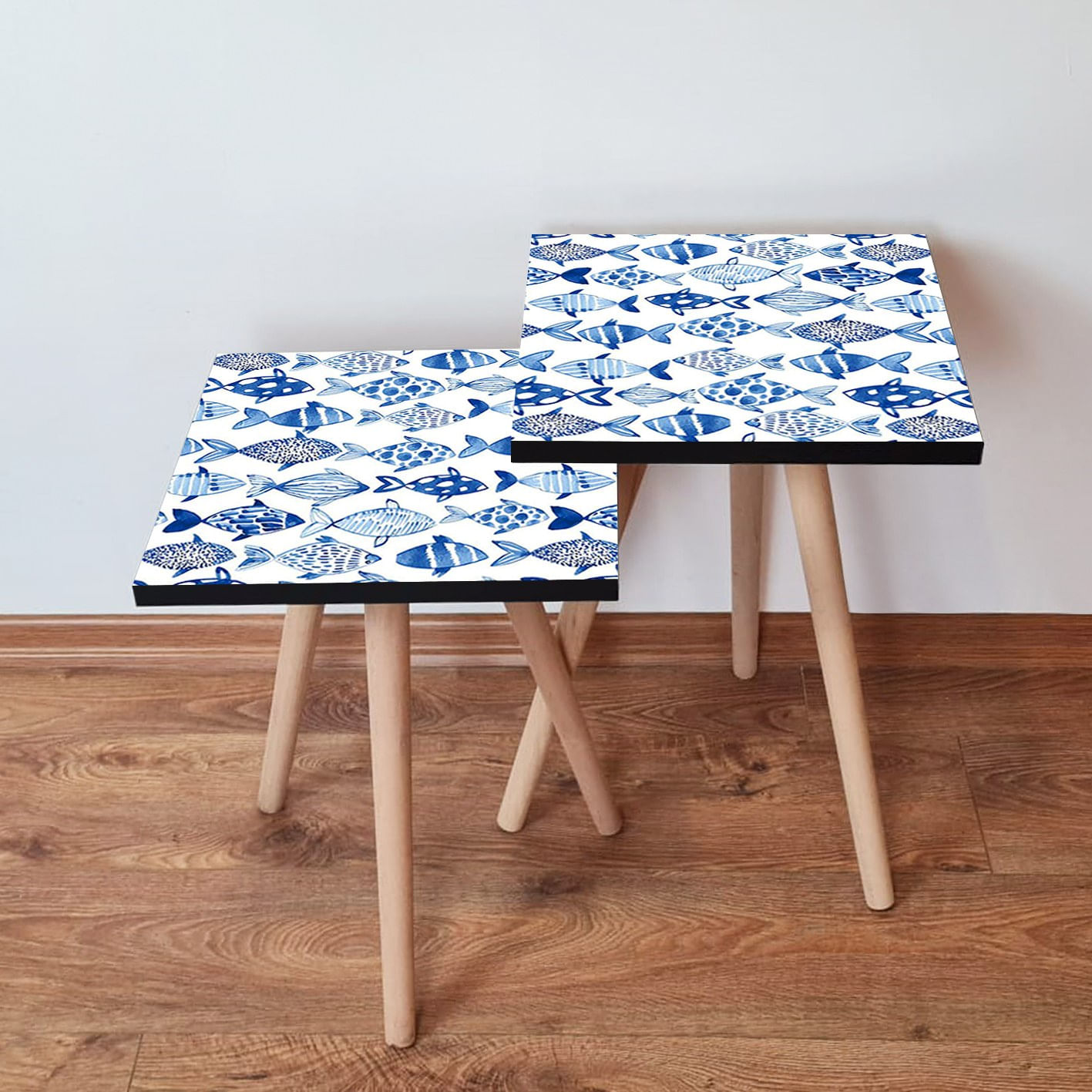 Set masute de cafea, Hanah Home, mdf, albastru marin si alb, 35x35x47 cm, 481LNA2512