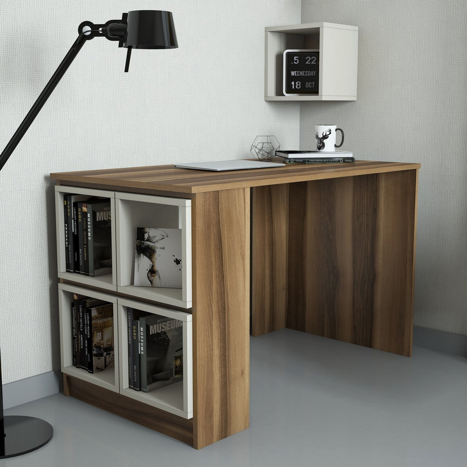 Birou de studiu, Hanah Home, panou de particule melaminat, nuc si crem, 120x65x75 cm — imaginea 3