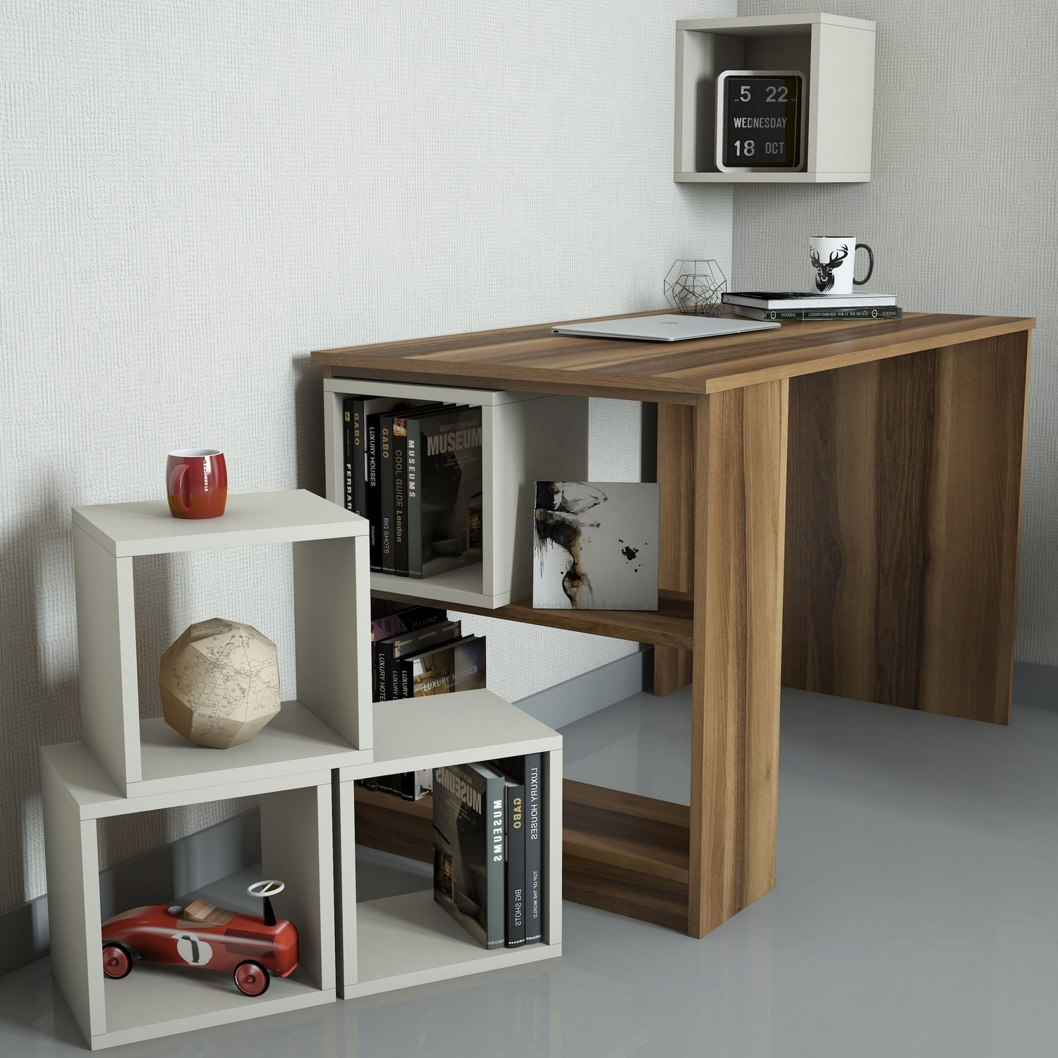 Birou de studiu, Hanah Home, panou de particule melaminat, nuc si crem, 120x65x75 cm — imaginea 5