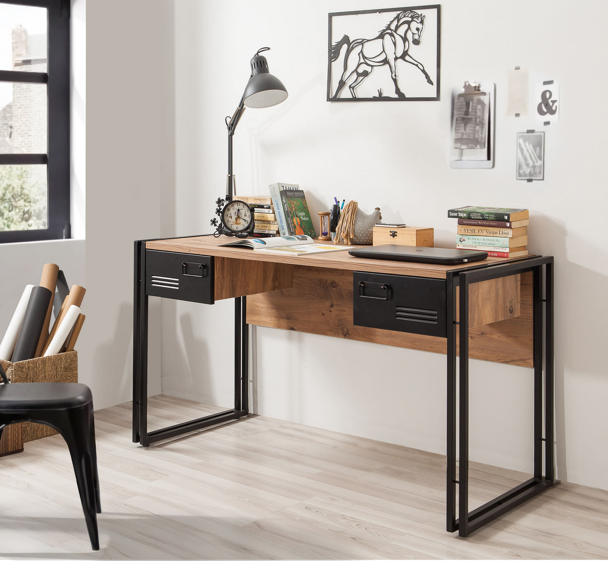 Birou, Hanah Home, pal melaminat, pin atlantic si negru, 139x60x75 cm — imaginea 5
