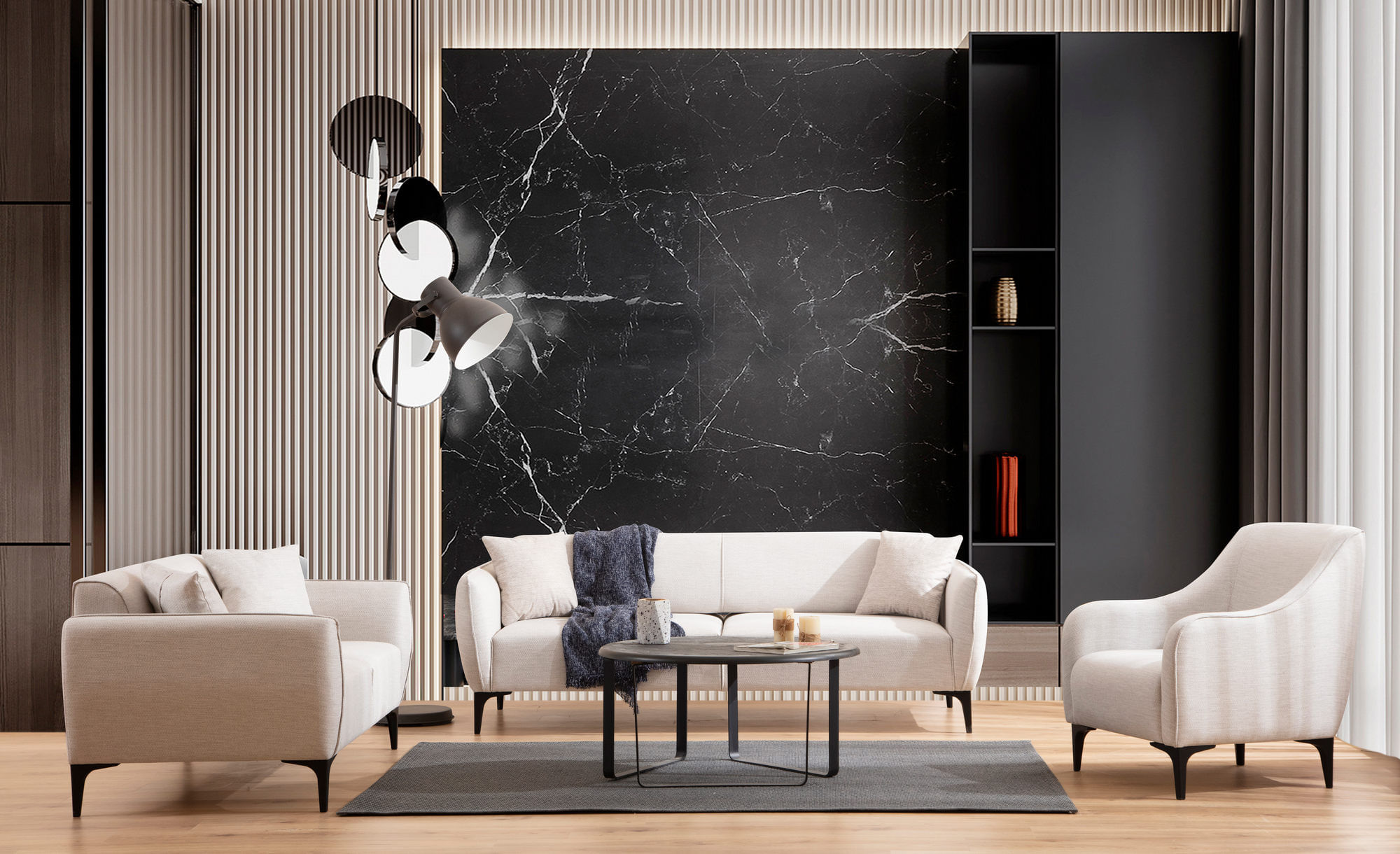 Canapea 3 locuri, Hanah Home, lemn fag si pal, alb crem, 220x95x67 cm — imaginea 2