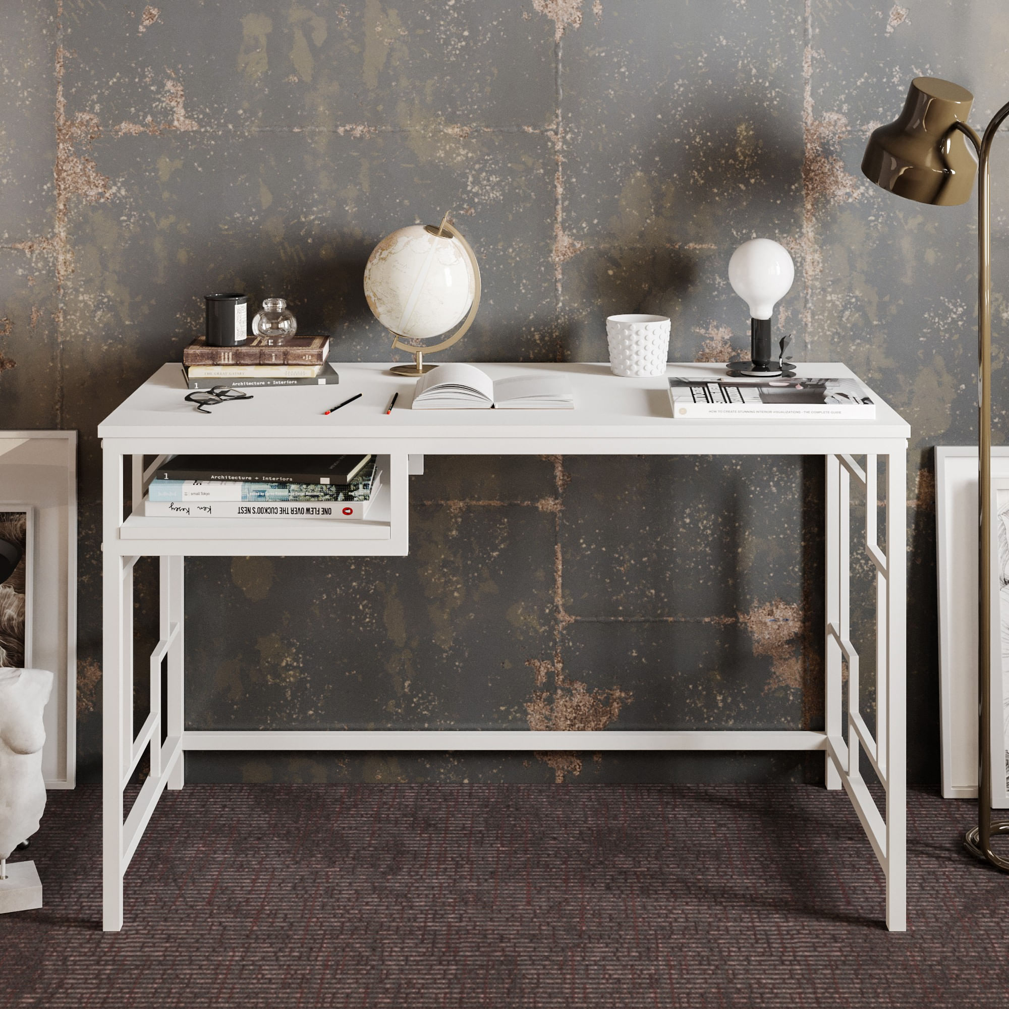 Birou de studiu, Hanah Home, panou din particule acoperit cu melamina, alb, 120x60x75 cm — imaginea 3