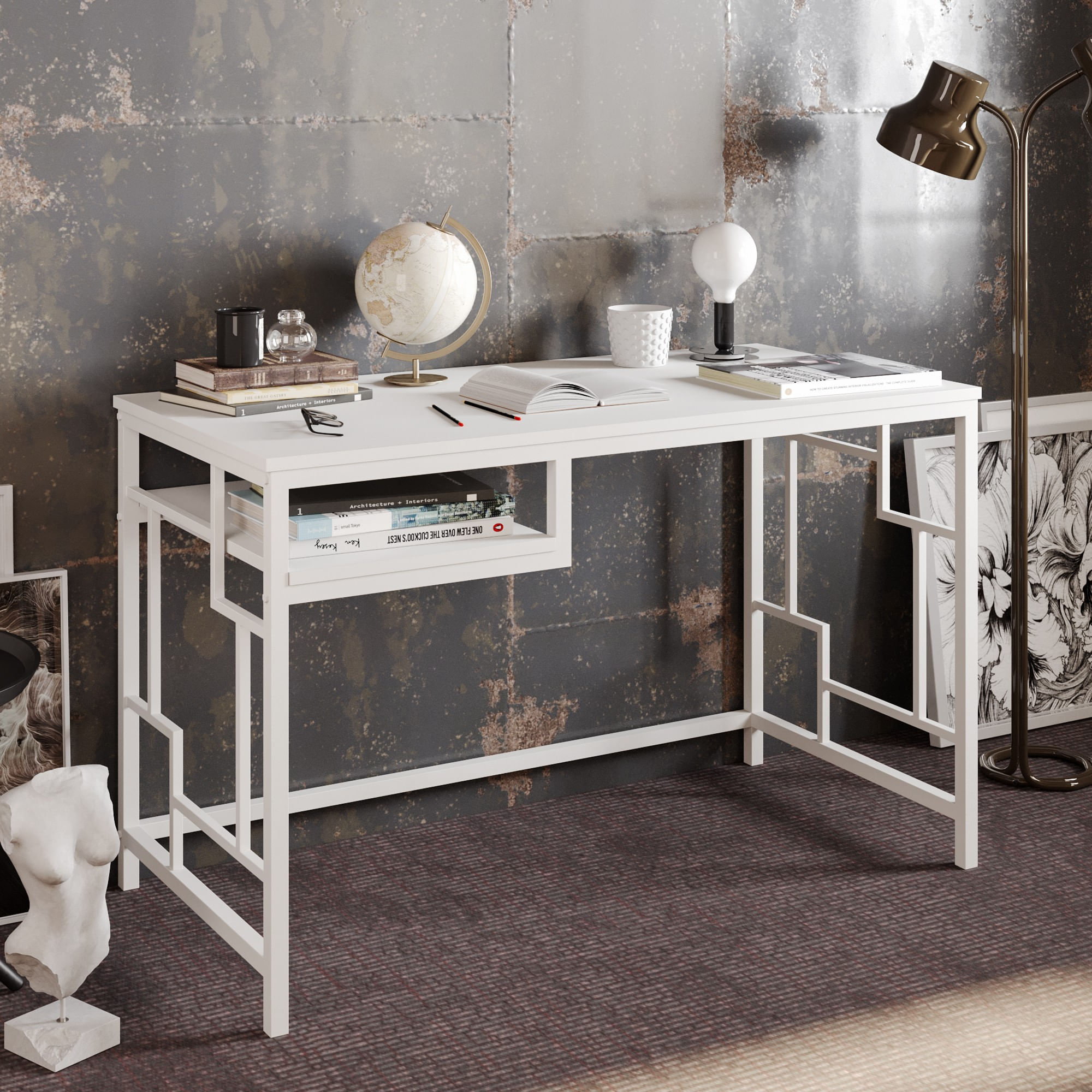 Birou de studiu, Hanah Home, panou din particule acoperit cu melamina, alb, 120x60x75 cm — imaginea 4