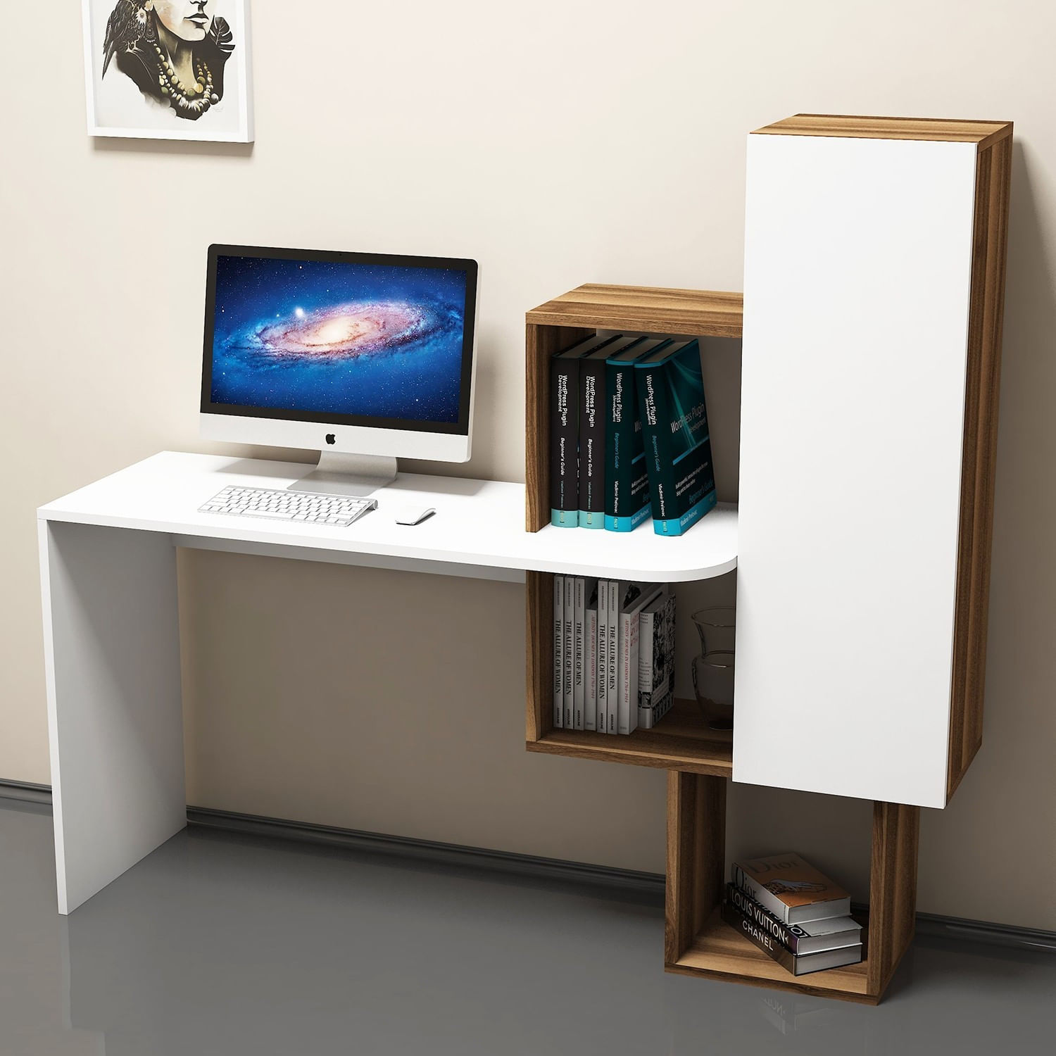Birou de studiu, Hanah Home, pal melaminat, nuc si alb, 145x45x74.8 cm — imaginea 2