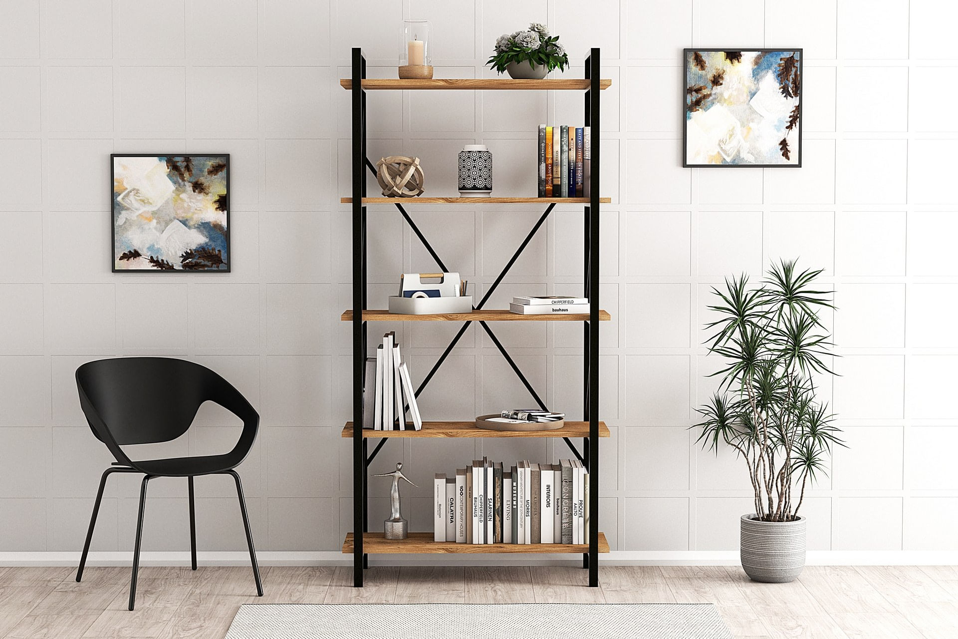 Biblioteca, Hanah Home, PAL melaminat, pin atlantic negru, 90x33.5x180 cm - 3 | YEO