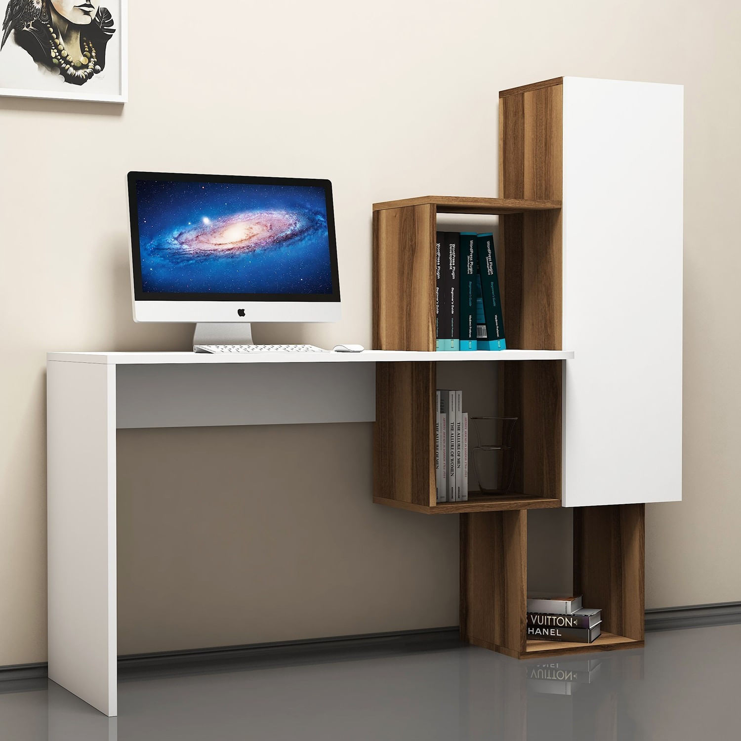 Birou de studiu, Hanah Home, pal melaminat, nuc si alb, 145x45x74.8 cm — imaginea 4