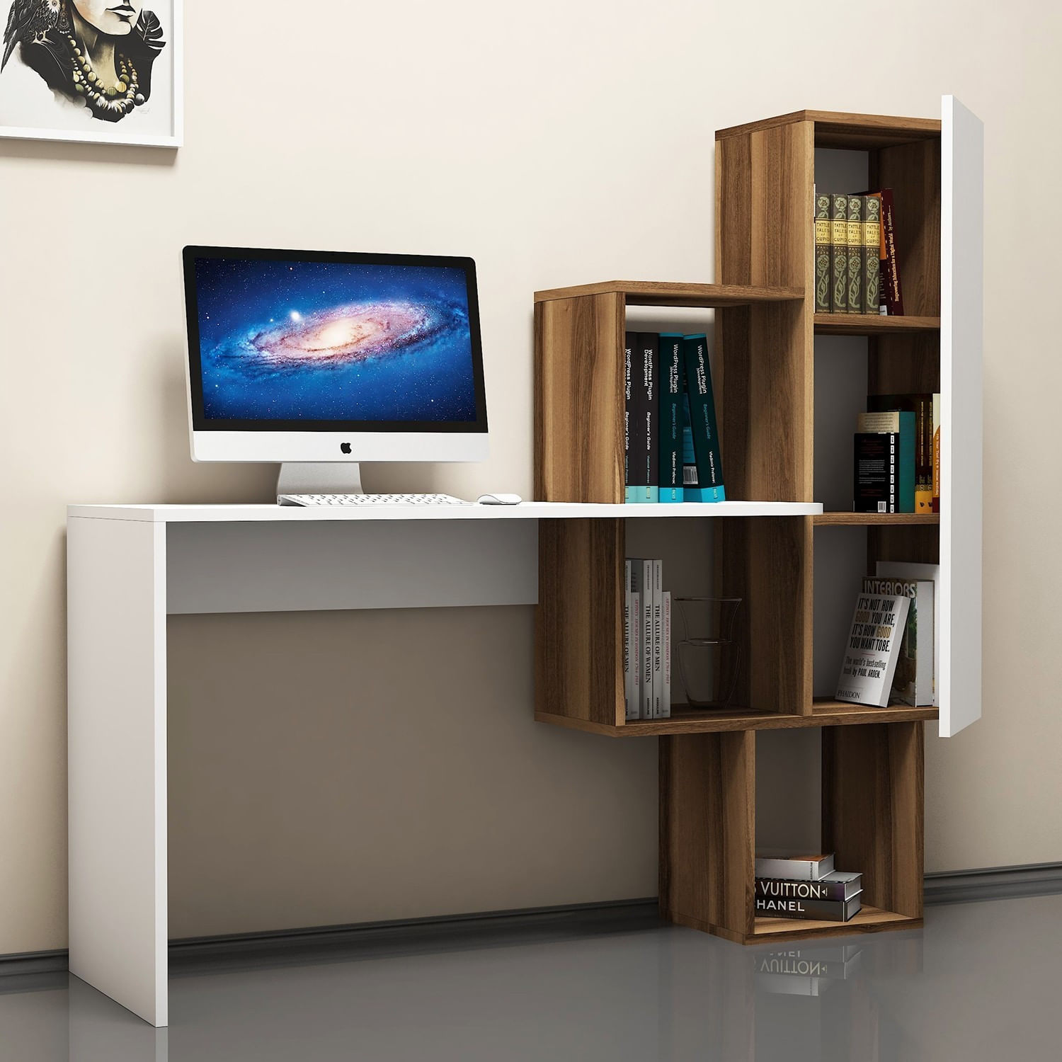 Birou de studiu, Hanah Home, pal melaminat, nuc si alb, 145x45x74.8 cm — imaginea 5