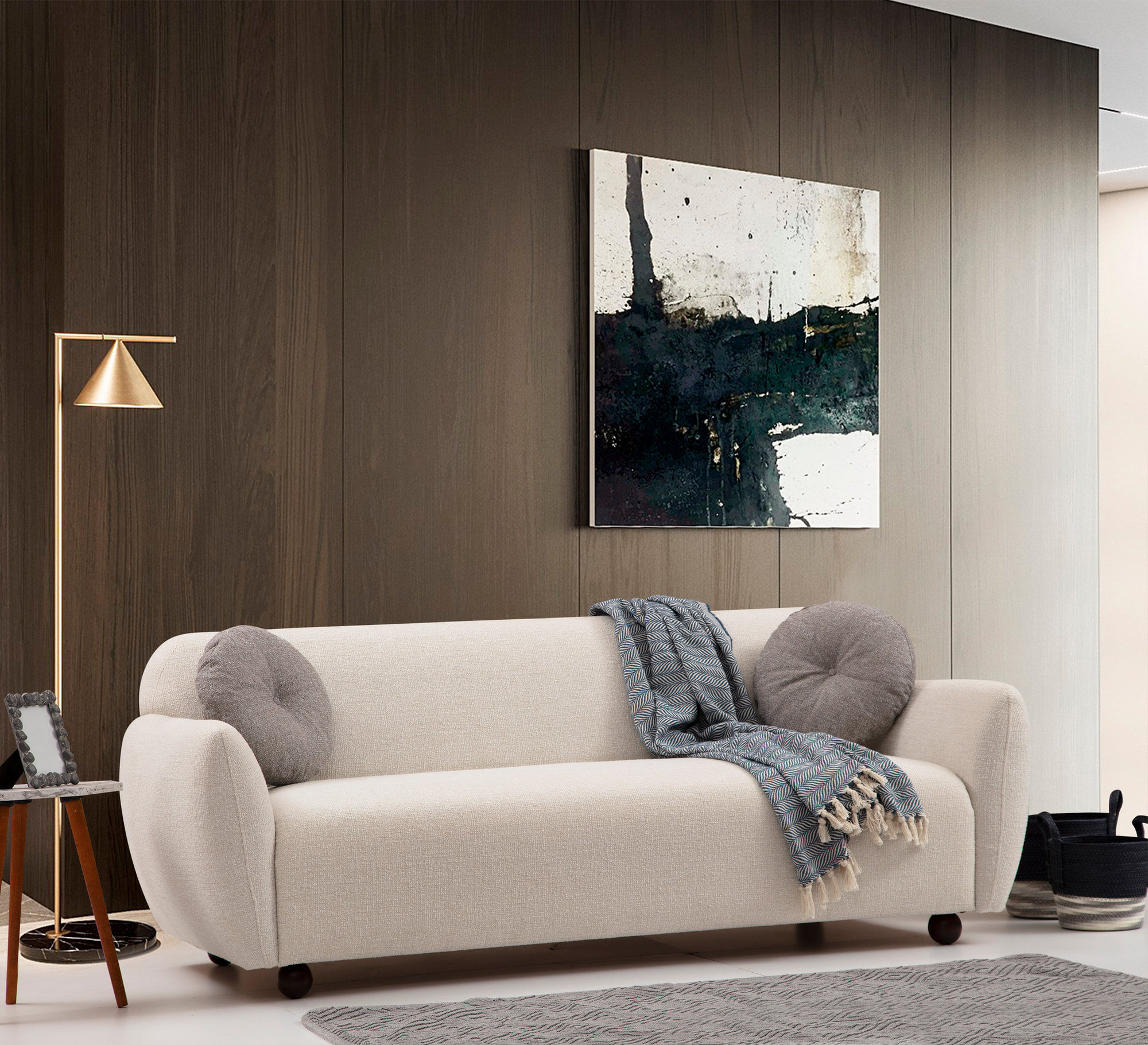 Canapea 3 locuri, Hanah Home, lemn fag si pal, crem, 223x83x86 cm — imaginea 7