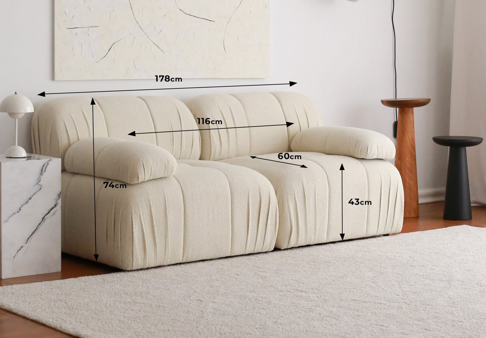 Canapea 2 locuri, Atelier Del Sofa, tesatura teddy, alb, 178x89x74 cm — imaginea 2